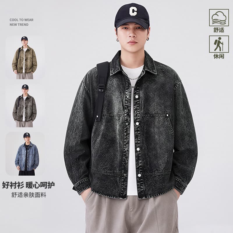 아메리칸 레트로 워싱 면 재킷 남자 트렌드 폴로 칼라 캐주얼 재킷 커플 가을 마 오래된 데님 맨위 여성 이미지 2