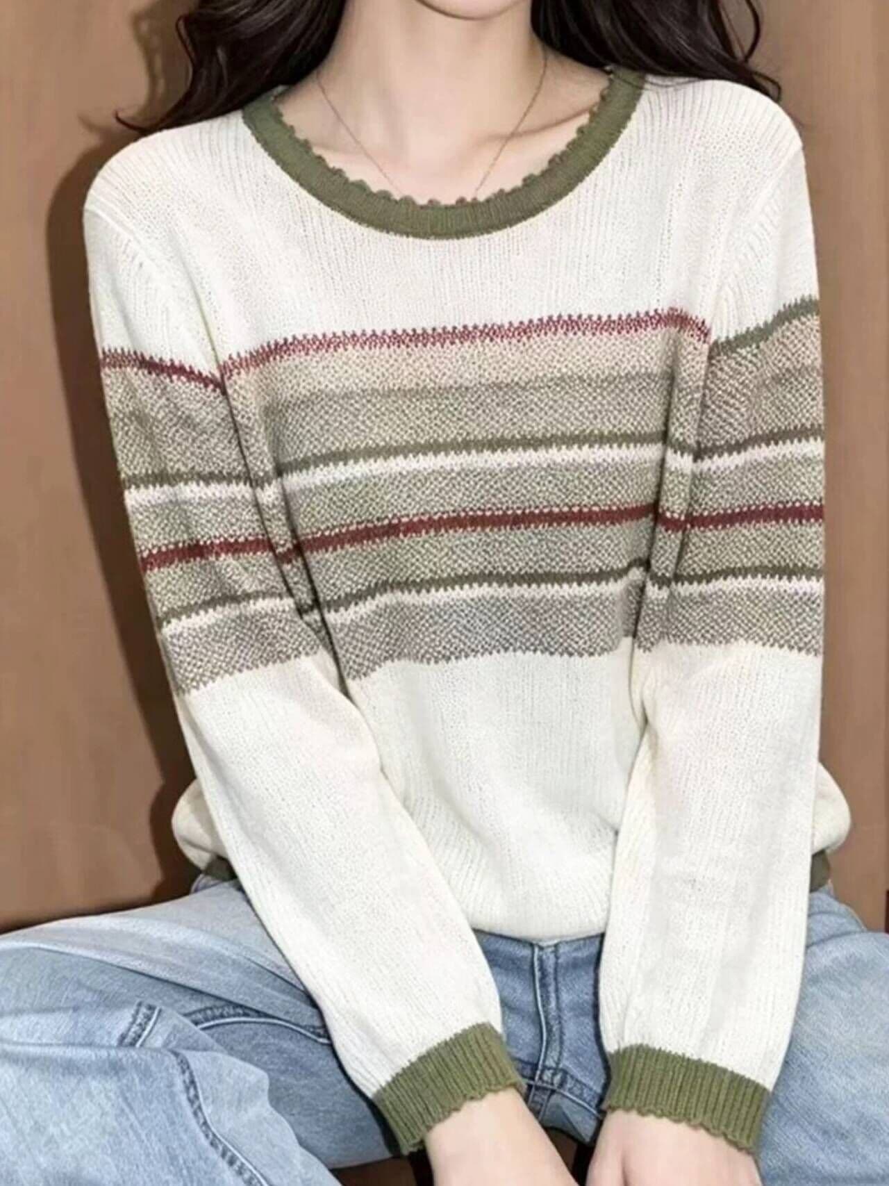 2026 이른 가을 새로운 한 부서 레트로 배색 스트라이프 니트 스웨터 여성 홀로우 아웃 얇은 스타일 긴팔 스웨터 상세 이미지 2