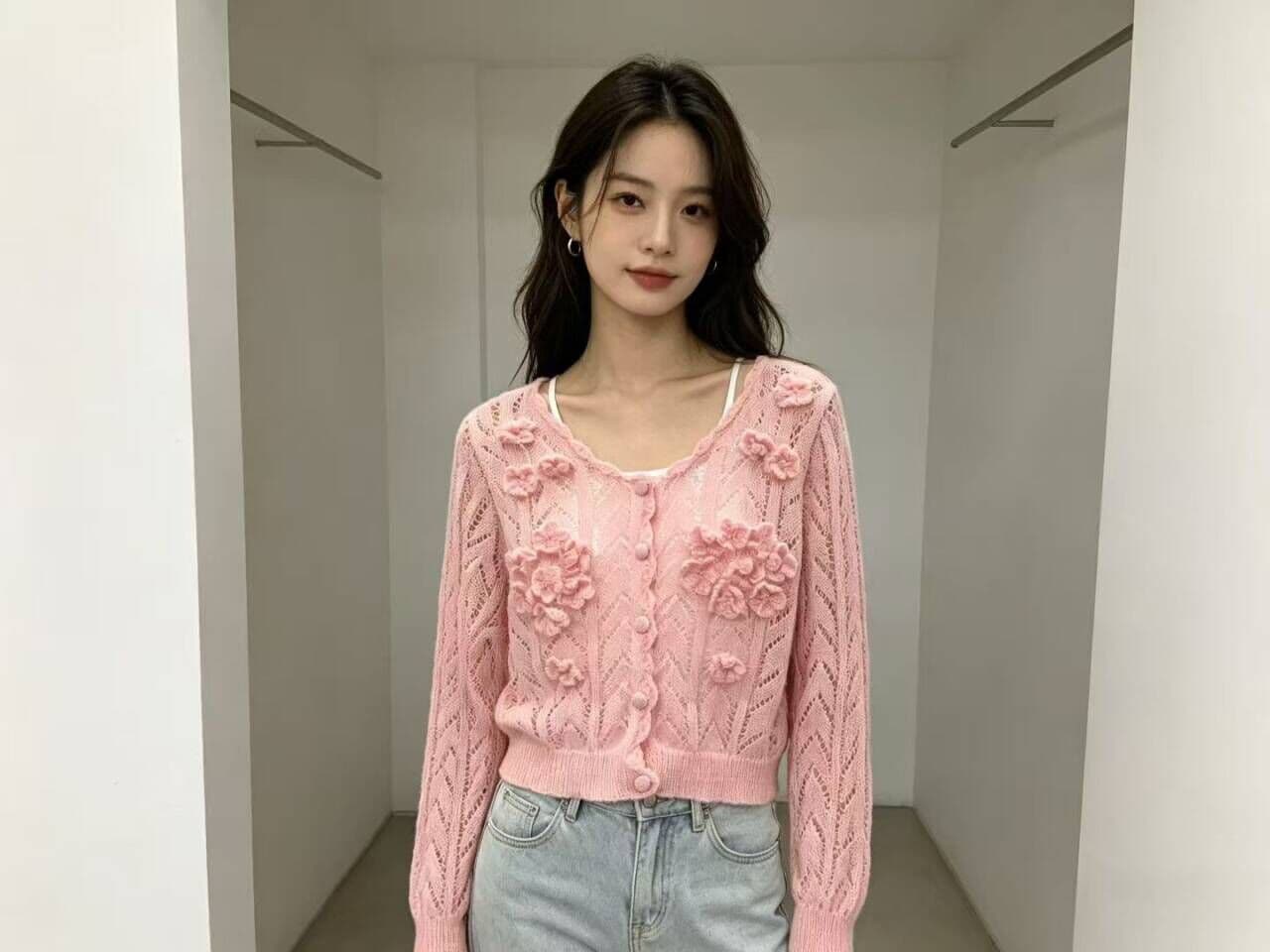 작은 대중 디자인 인터넷 유명인 핫걸 레이스 꽃 패치워크 홀로우 아웃 싱글 줄 버튼 니트 오픈 가디건 상세 이미지 10