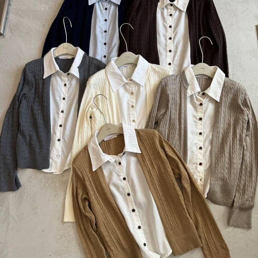 POLO 칼라 패치워크 페이크 레이어드 니트 스웨터 여성 이른 가을 디자인 센스 품격 배색 슬림해 보이는 맨위 5529 상세 이미지 10