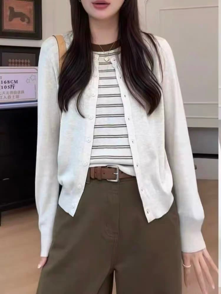 라운드 넥 페이크 레이어드 스트라이프 패치워크 니트 오픈 가디건 여성 가을 겨울 새로운 풀오버 스웨터 코트 외국 가스 맨위 상세 이미지 1