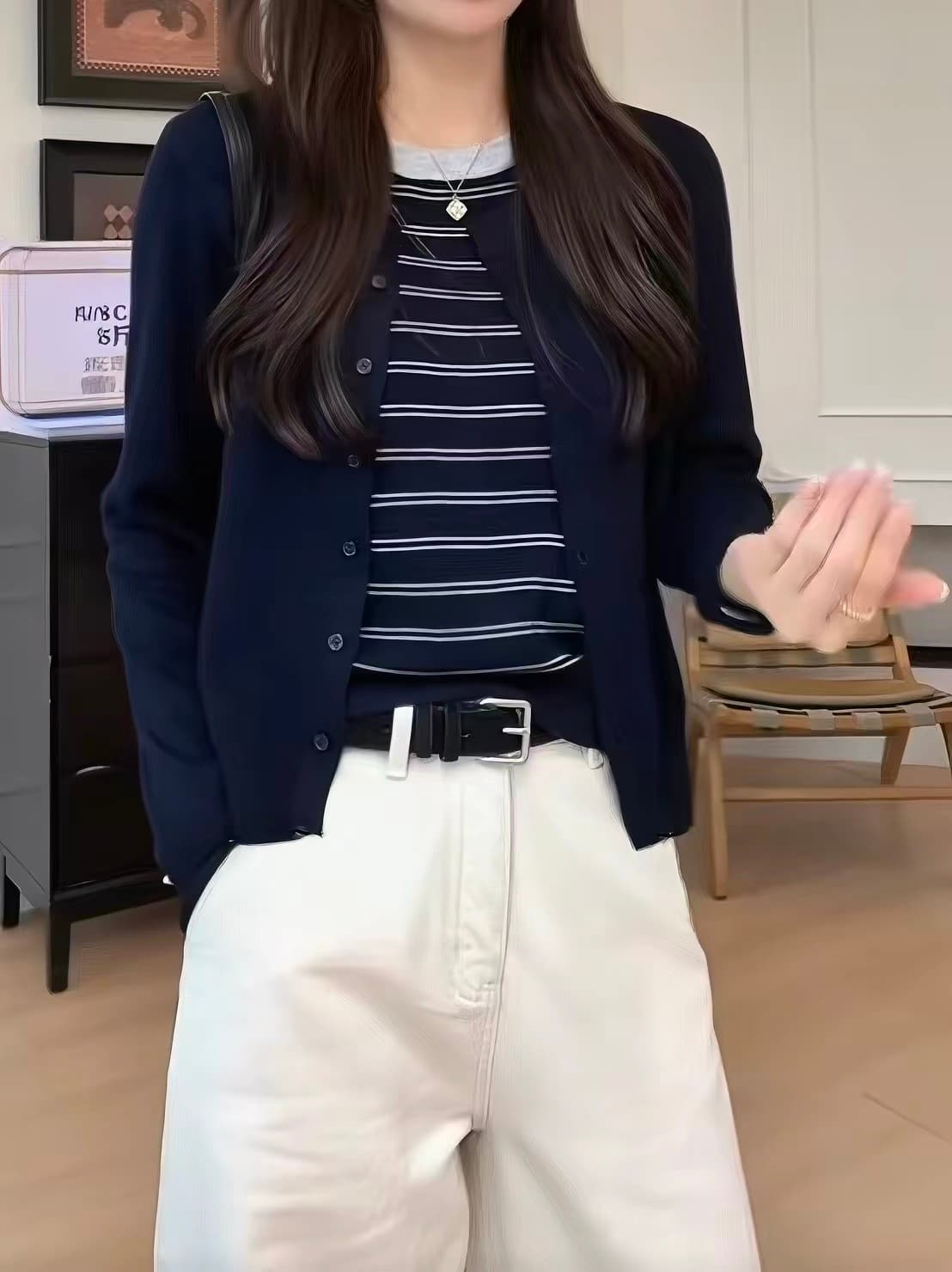 라운드 넥 페이크 레이어드 스트라이프 패치워크 니트 오픈 가디건 여성 가을 겨울 새로운 풀오버 스웨터 코트 외국 가스 맨위 상세 이미지 10