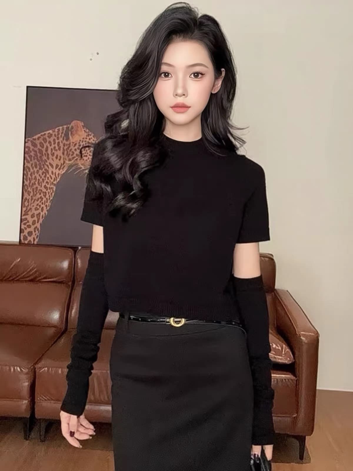 한국 스타일 파란색 반하이넥 소매 커버 니트 스웨터 가을 새로운 품격 슬림해 보이는 반팔 스웨터 맨위 상세 이미지 1