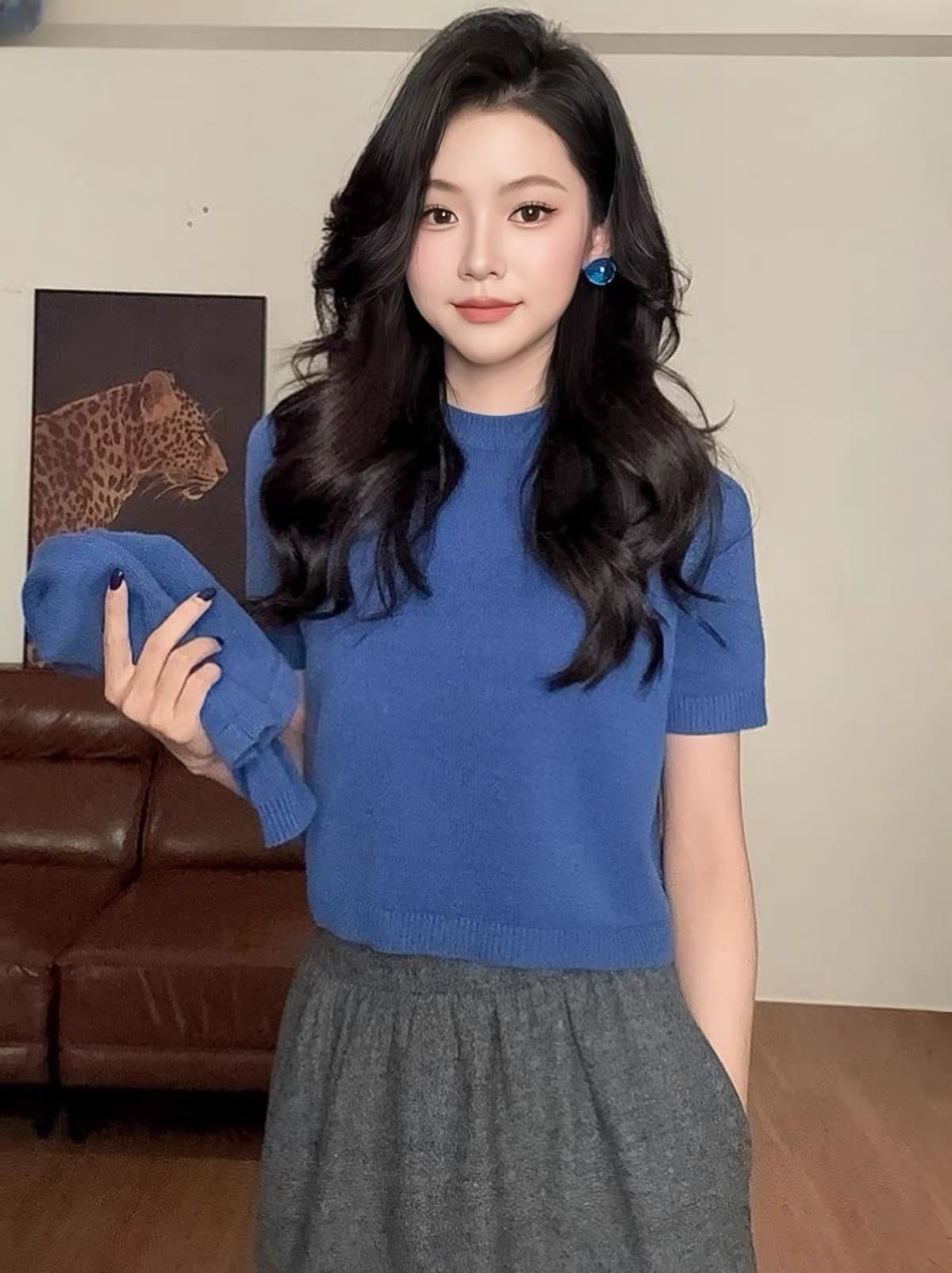 한국 스타일 파란색 반하이넥 소매 커버 니트 스웨터 가을 새로운 품격 슬림해 보이는 반팔 스웨터 맨위 상세 이미지 3