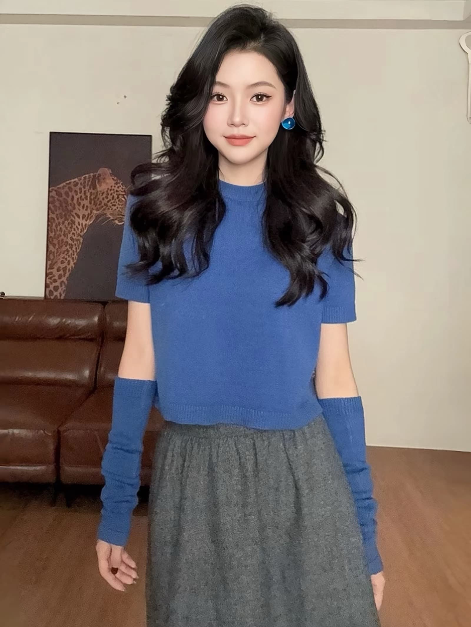 한국 스타일 파란색 반하이넥 소매 커버 니트 스웨터 가을 새로운 품격 슬림해 보이는 반팔 스웨터 맨위 상세 이미지 7