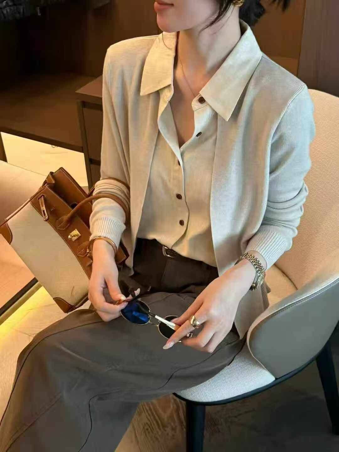 유럽 상품 셔츠 칼라 페이크 레이어드 패치워크 니트 오픈 가디건 여성 레저 다용도 슬림해 보이는 긴팔 맨위 상세 이미지 8