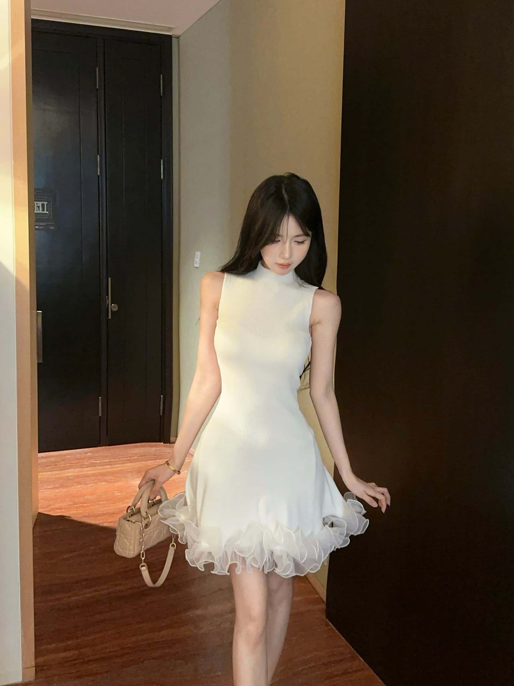 실사 정가 스탠드 칼라 민소매 니트 원피스 순수한 욕망 허리 수축 한 마디 조끼 짧은 드레스 상세 이미지 4
