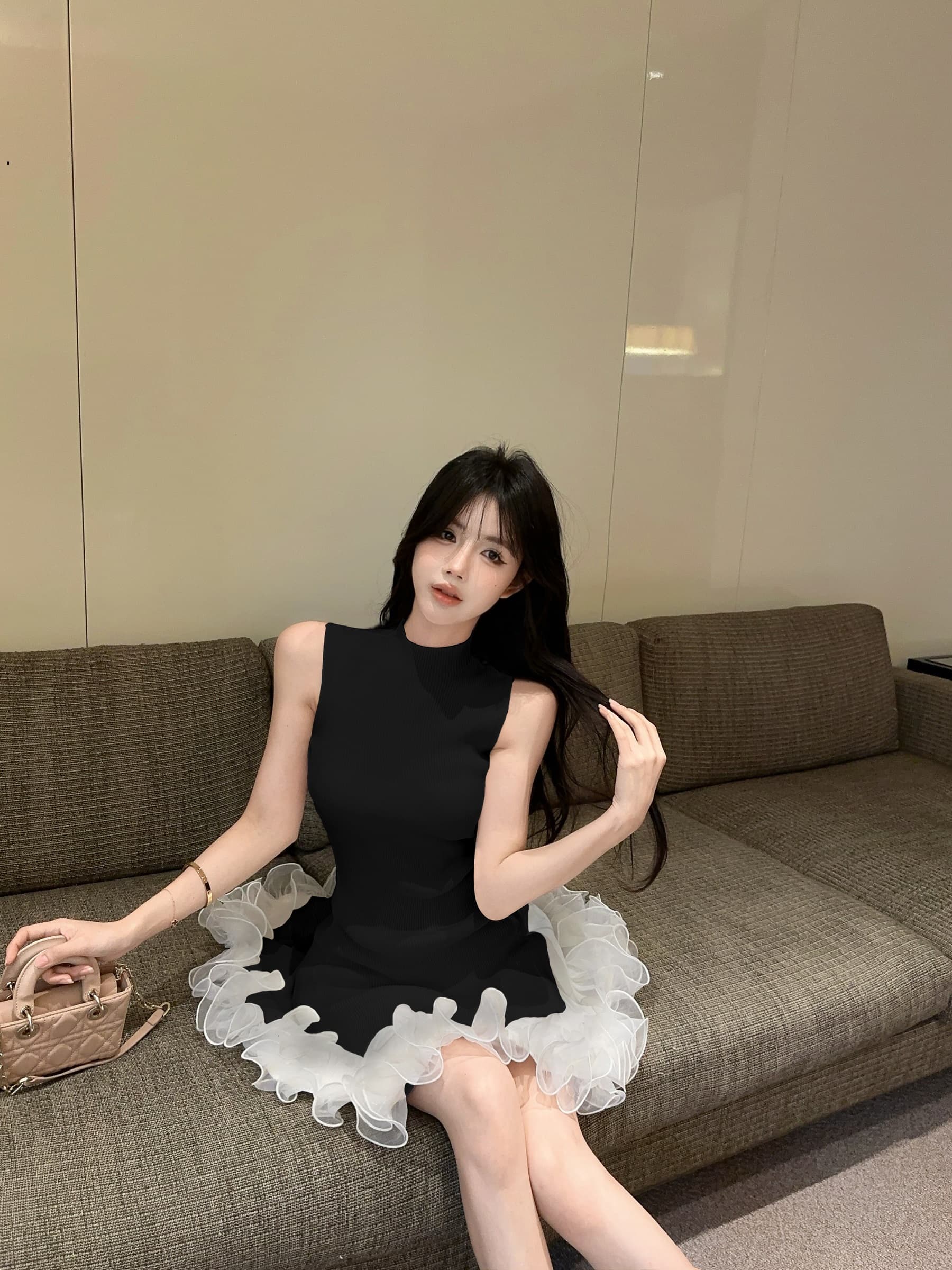 실사 정가 스탠드 칼라 민소매 니트 원피스 순수한 욕망 허리 수축 한 마디 조끼 짧은 드레스 상세 이미지 9