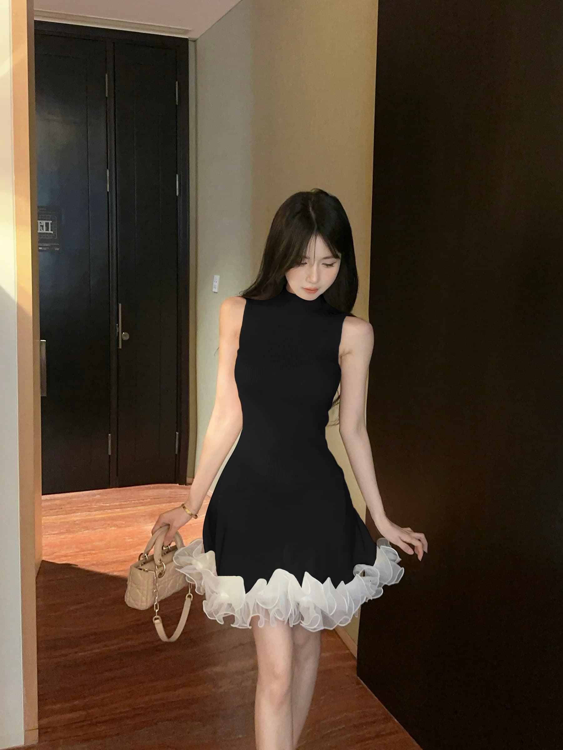 실사 정가 스탠드 칼라 민소매 니트 원피스 순수한 욕망 허리 수축 한 마디 조끼 짧은 드레스 상세 이미지 12