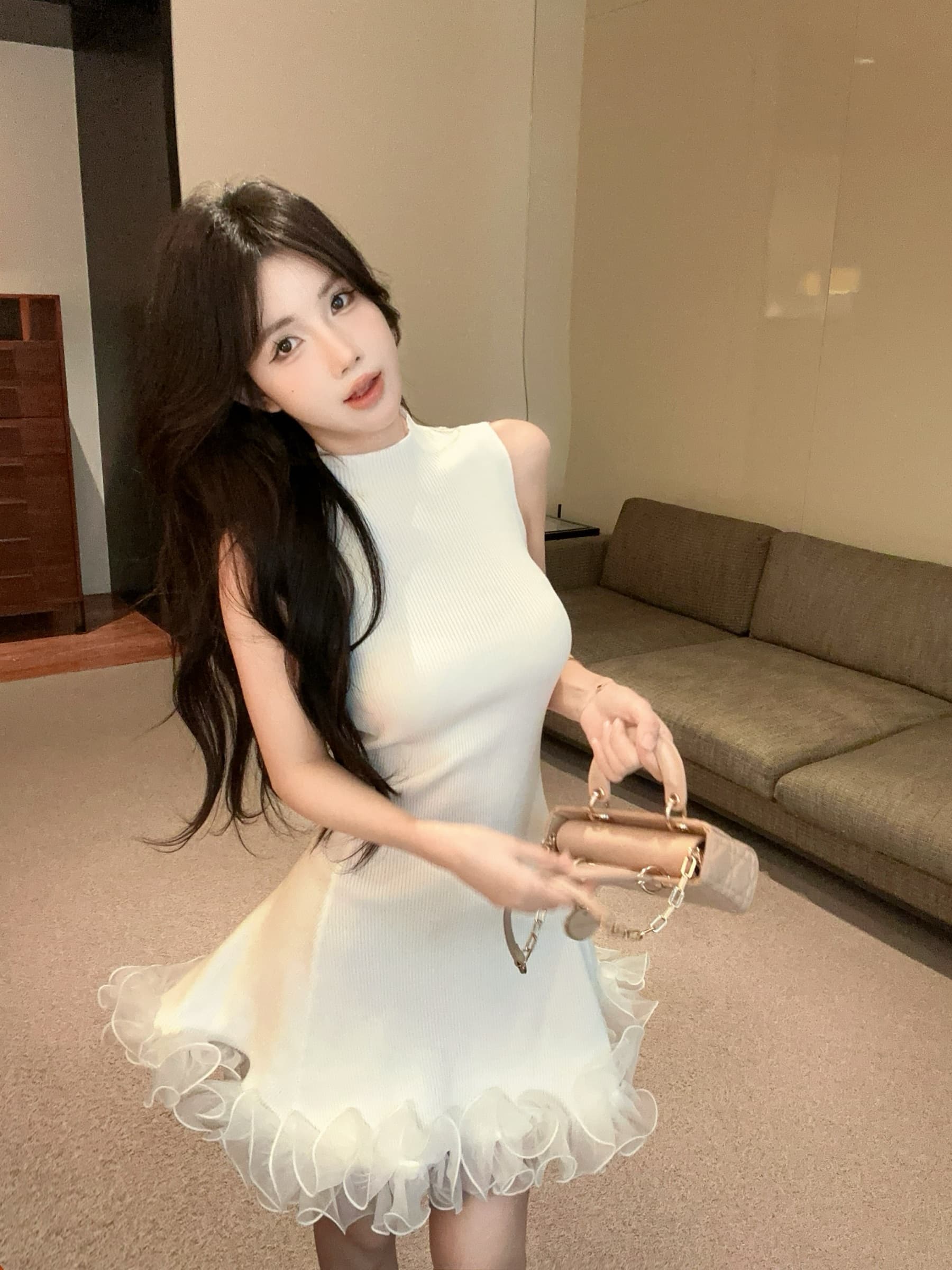 실사 정가 스탠드 칼라 민소매 니트 원피스 순수한 욕망 허리 수축 한 마디 조끼 짧은 드레스 상세 이미지 15