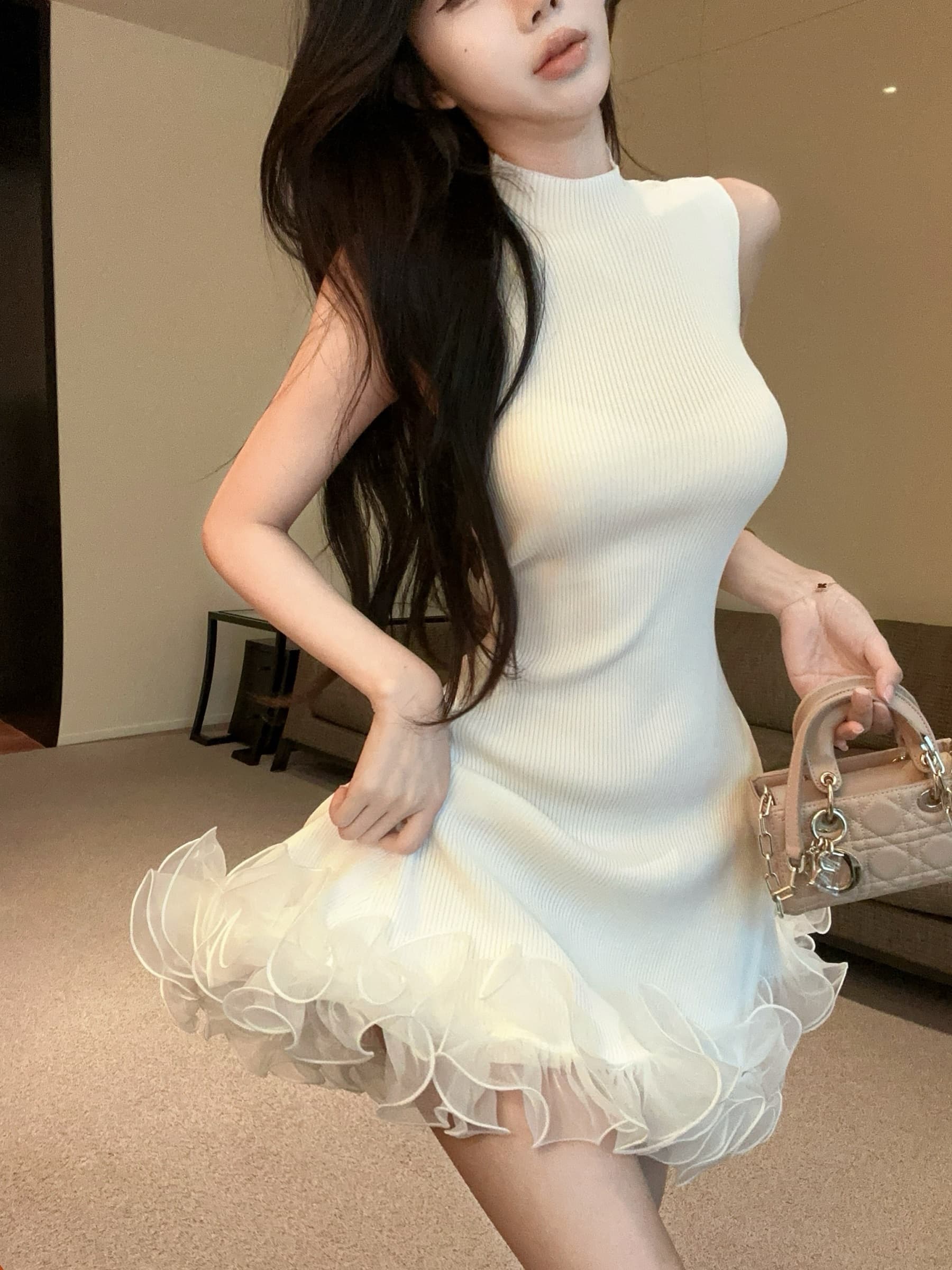 실사 정가 스탠드 칼라 민소매 니트 원피스 순수한 욕망 허리 수축 한 마디 조끼 짧은 드레스 상세 이미지 16