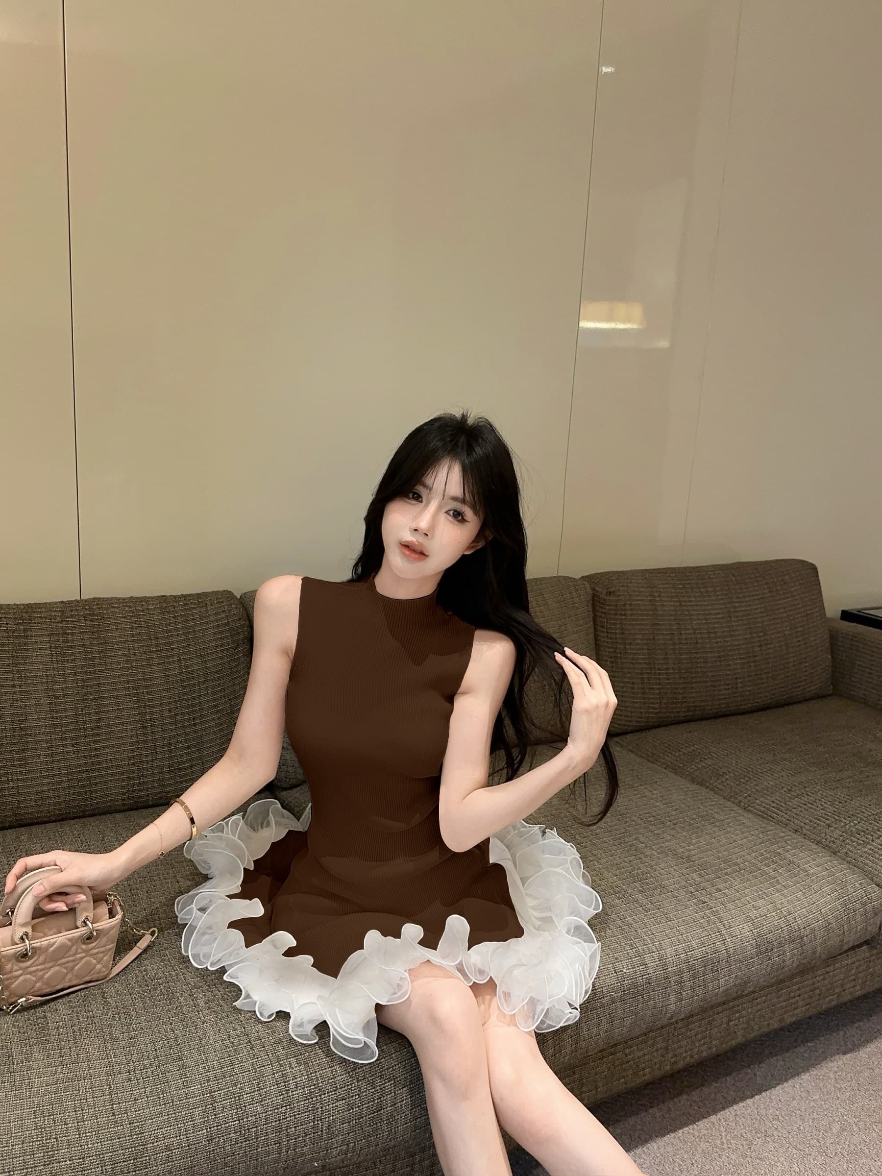 실사 정가 스탠드 칼라 민소매 니트 원피스 순수한 욕망 허리 수축 한 마디 조끼 짧은 드레스 상세 이미지 17