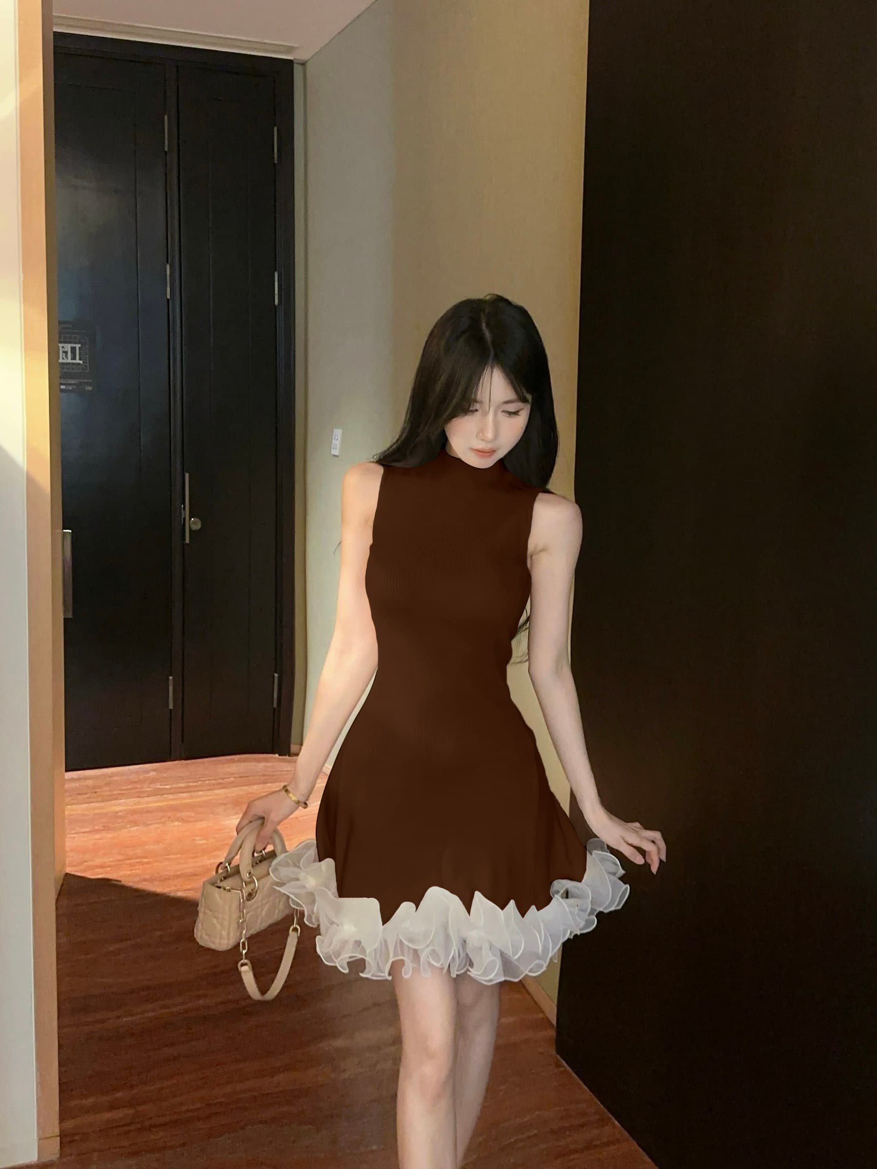 실사 정가 스탠드 칼라 민소매 니트 원피스 순수한 욕망 허리 수축 한 마디 조끼 짧은 드레스 상세 이미지 20