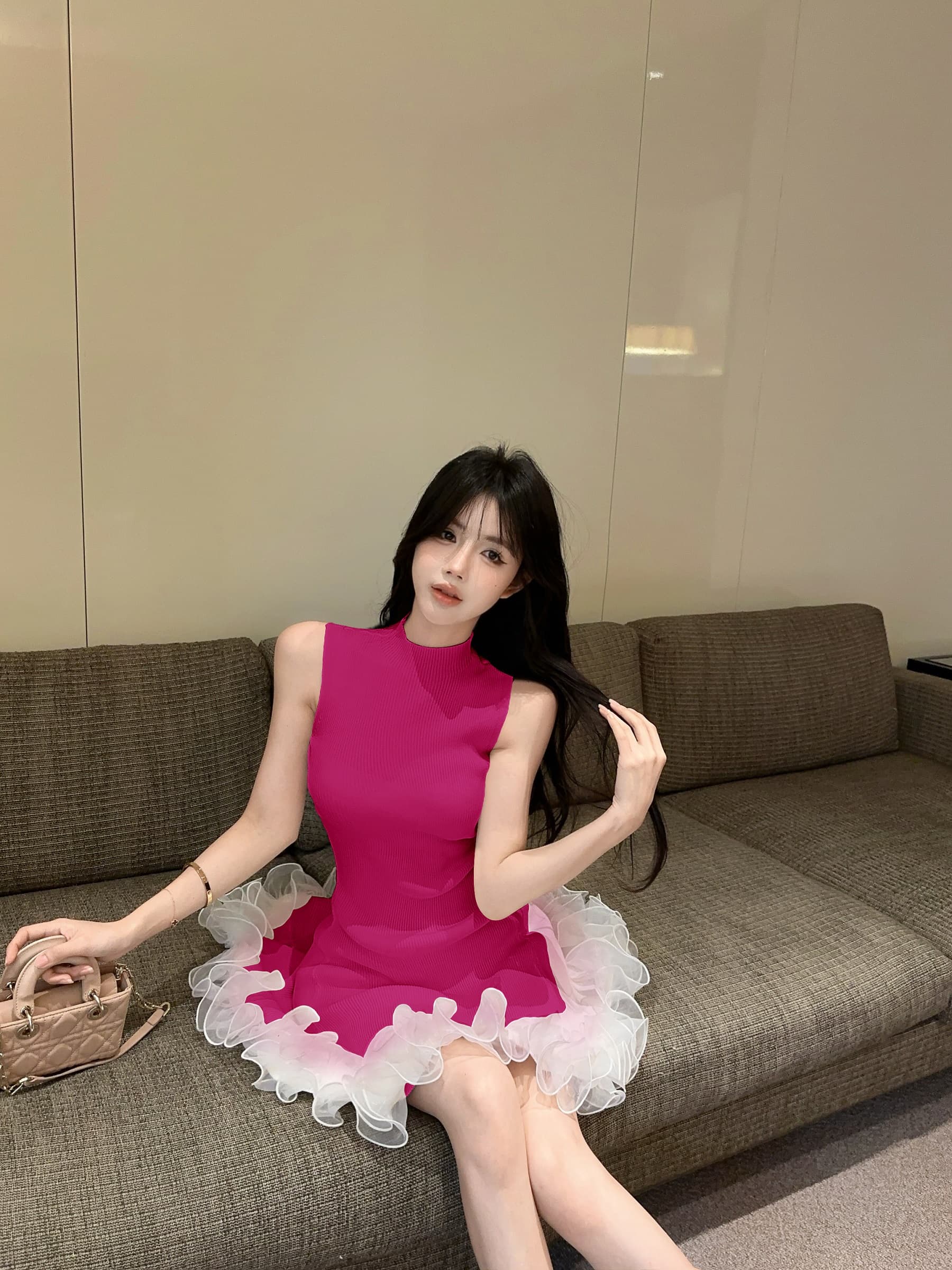 실사 정가 스탠드 칼라 민소매 니트 원피스 순수한 욕망 허리 수축 한 마디 조끼 짧은 드레스 상세 이미지 21