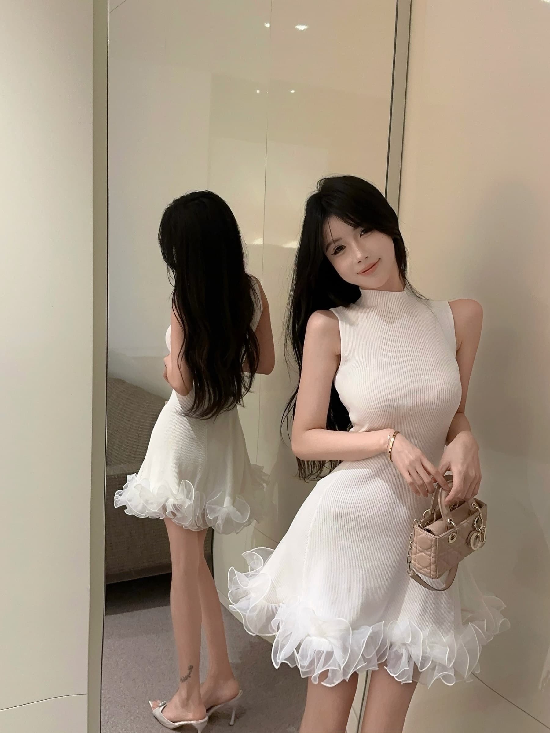 실사 정가 스탠드 칼라 민소매 니트 원피스 순수한 욕망 허리 수축 한 마디 조끼 짧은 드레스 상세 이미지 27