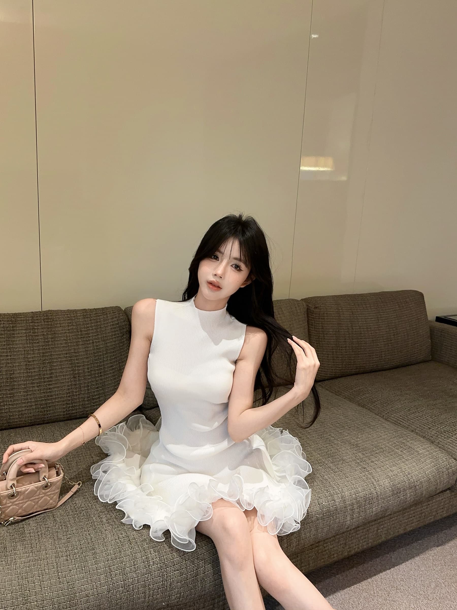 실사 정가 스탠드 칼라 민소매 니트 원피스 순수한 욕망 허리 수축 한 마디 조끼 짧은 드레스 상세 이미지 28
