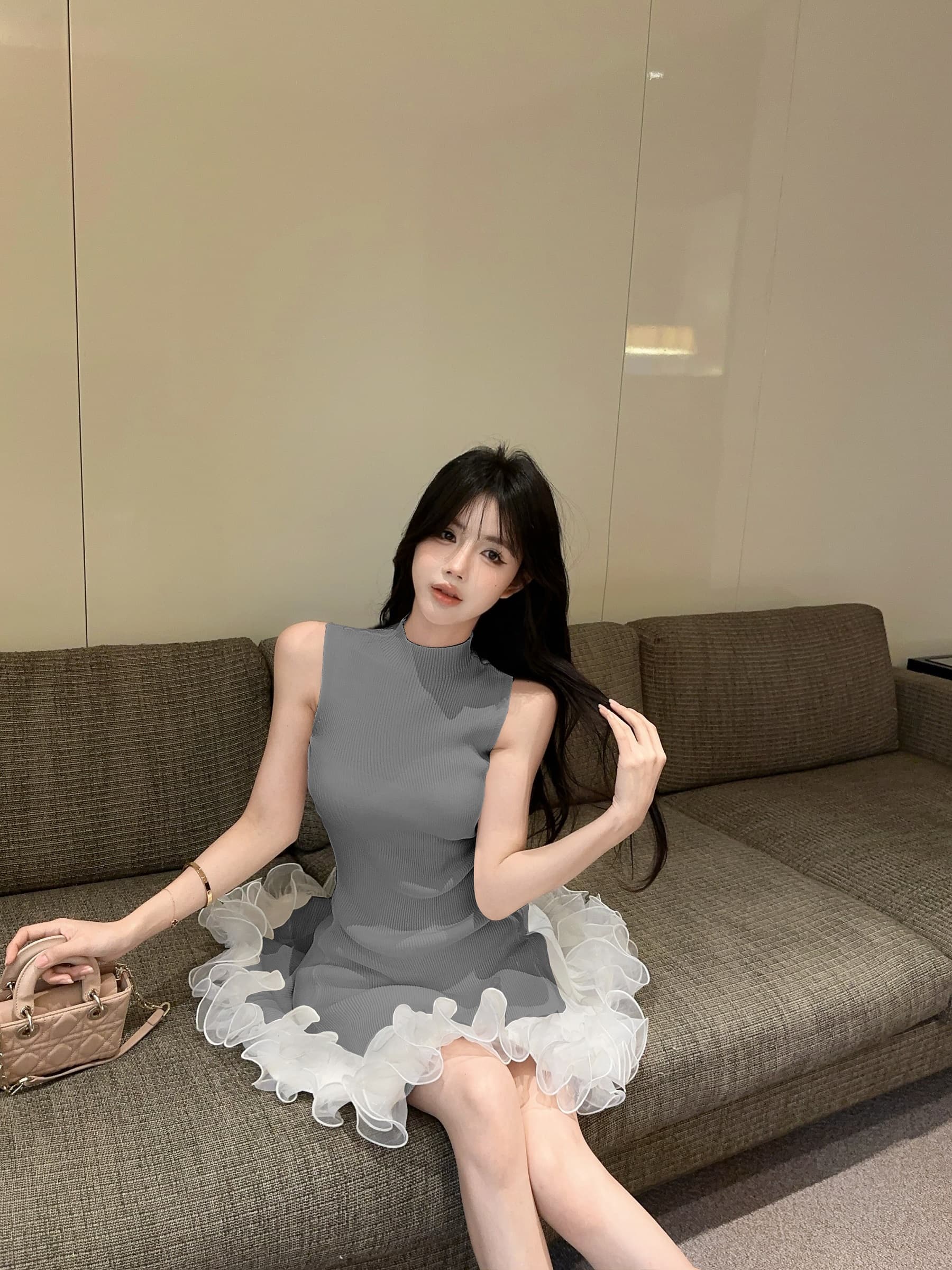 실사 정가 스탠드 칼라 민소매 니트 원피스 순수한 욕망 허리 수축 한 마디 조끼 짧은 드레스 상세 이미지 31