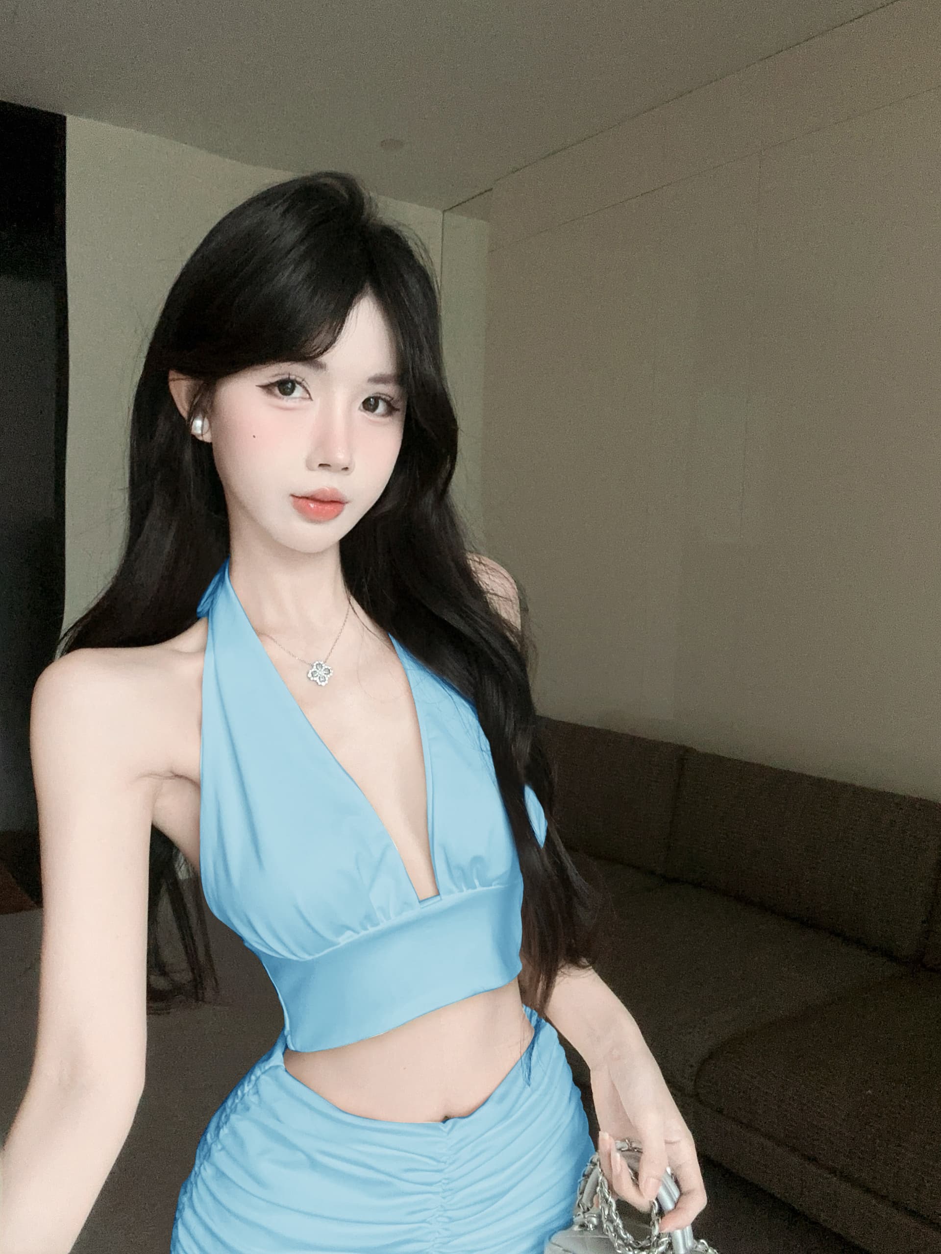 실사 정가 뼈의 행침 목 레이스업 짧은 슬립 맨위 하이웨이스트 주름 반신 스커트 투피스 세트 상세 이미지 1