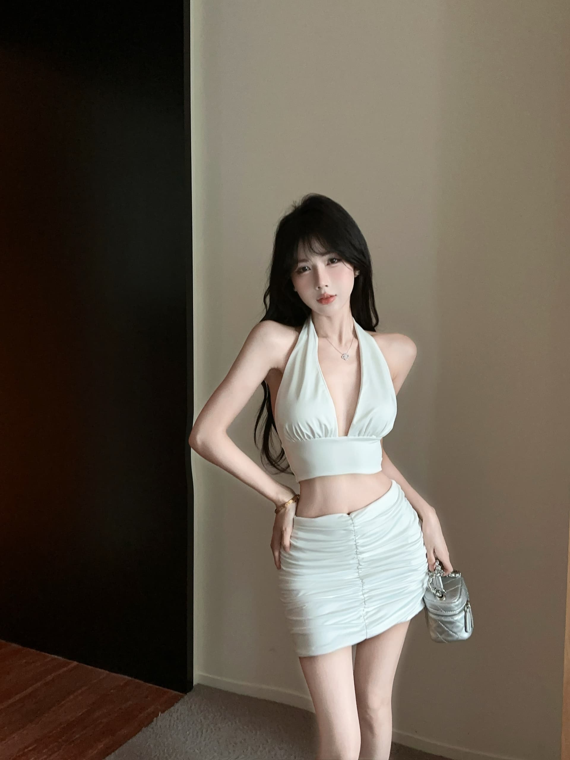 실사 정가 뼈의 행침 목 레이스업 짧은 슬립 맨위 하이웨이스트 주름 반신 스커트 투피스 세트 상세 이미지 6