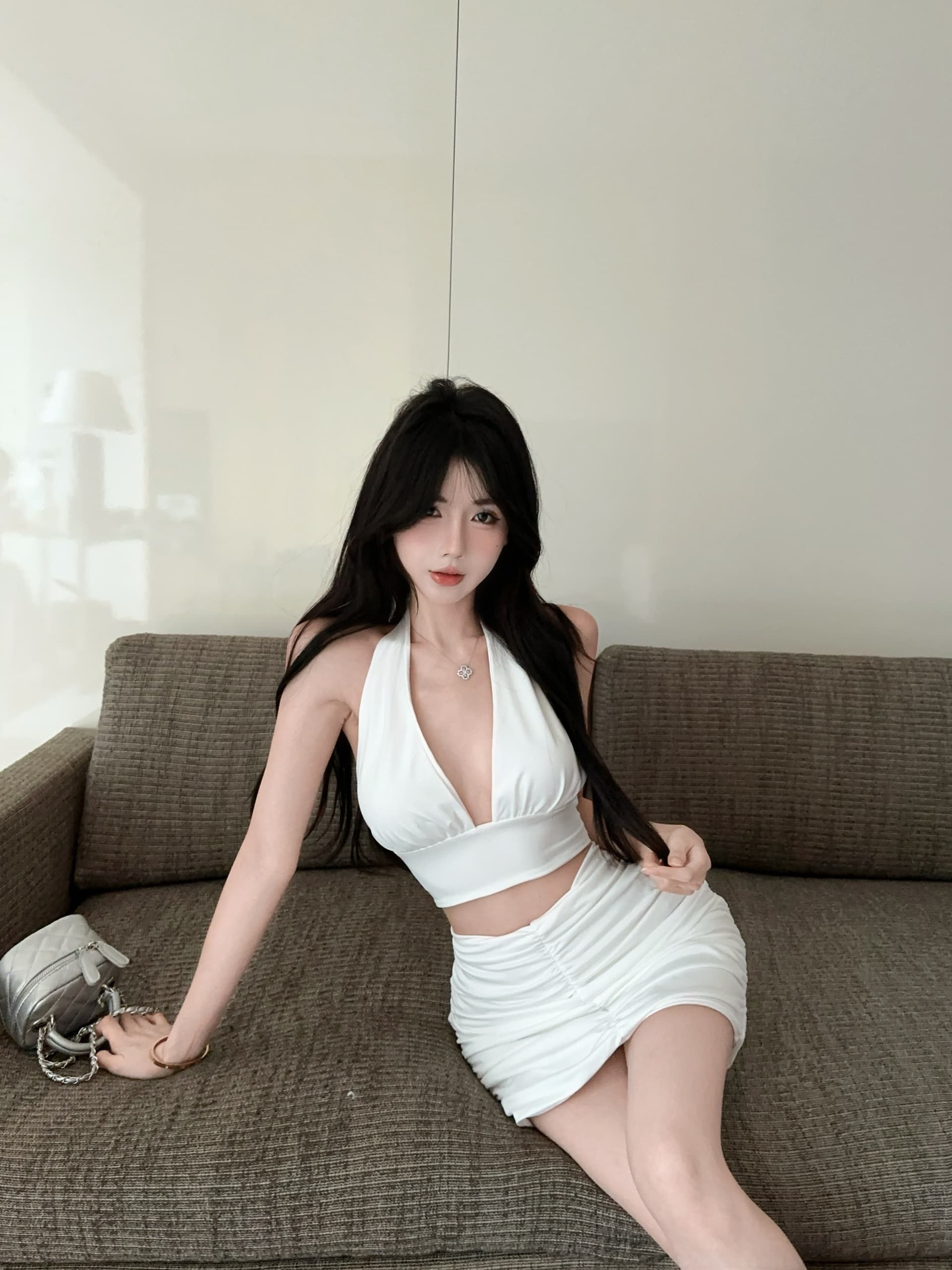 실사 정가 뼈의 행침 목 레이스업 짧은 슬립 맨위 하이웨이스트 주름 반신 스커트 투피스 세트 상세 이미지 7