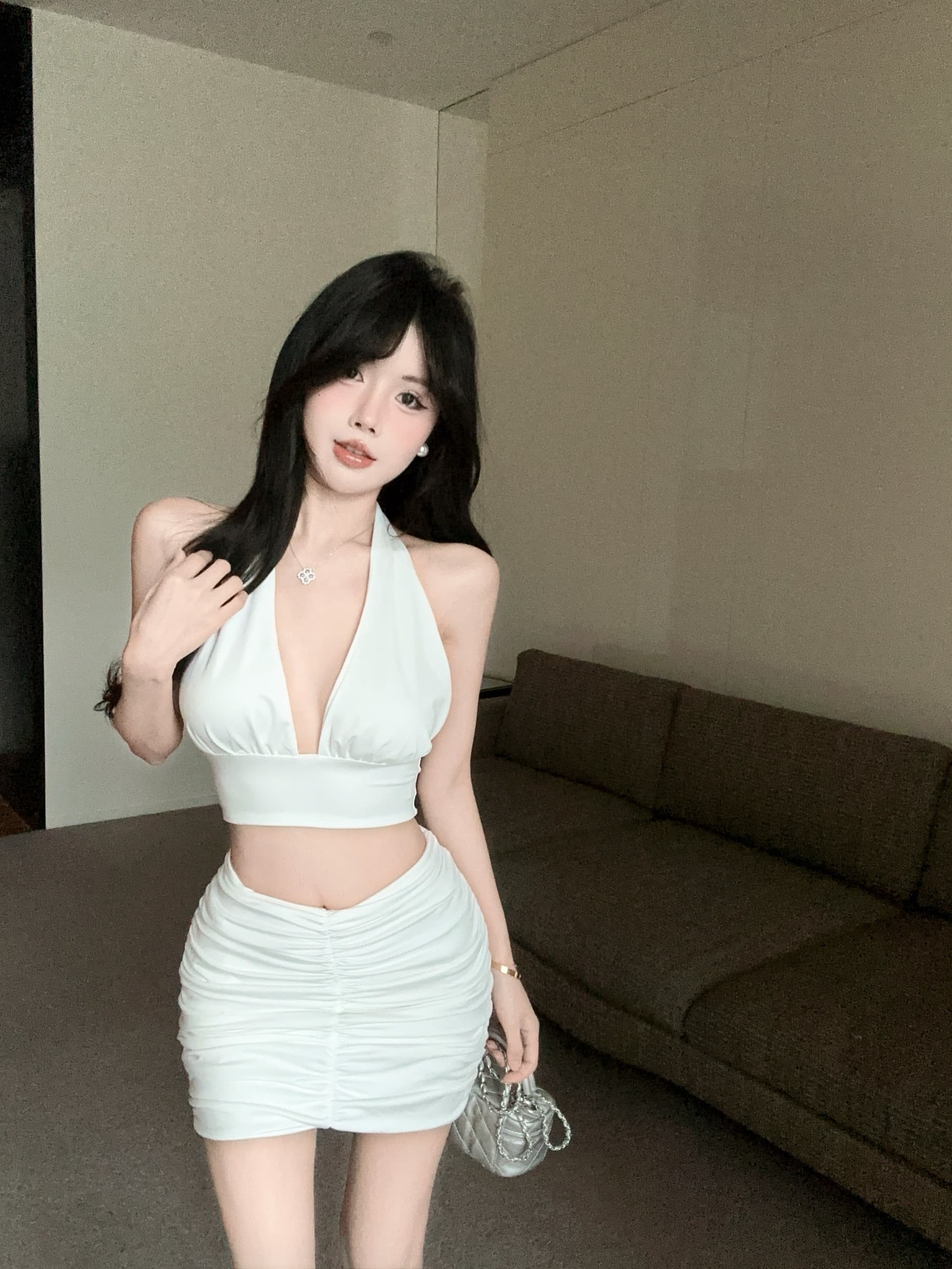 실사 정가 뼈의 행침 목 레이스업 짧은 슬립 맨위 하이웨이스트 주름 반신 스커트 투피스 세트 상세 이미지 10