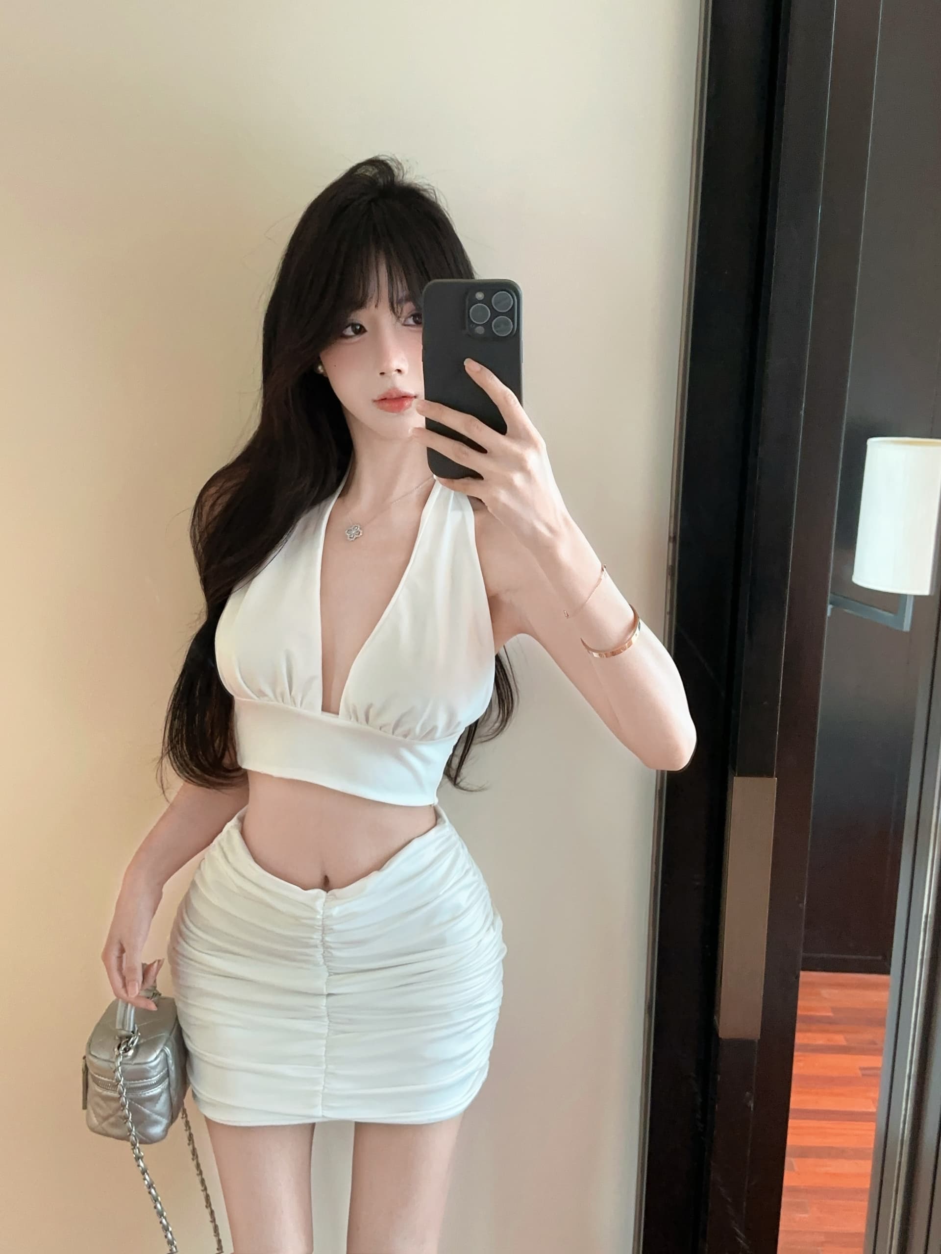 실사 정가 뼈의 행침 목 레이스업 짧은 슬립 맨위 하이웨이스트 주름 반신 스커트 투피스 세트 상세 이미지 11