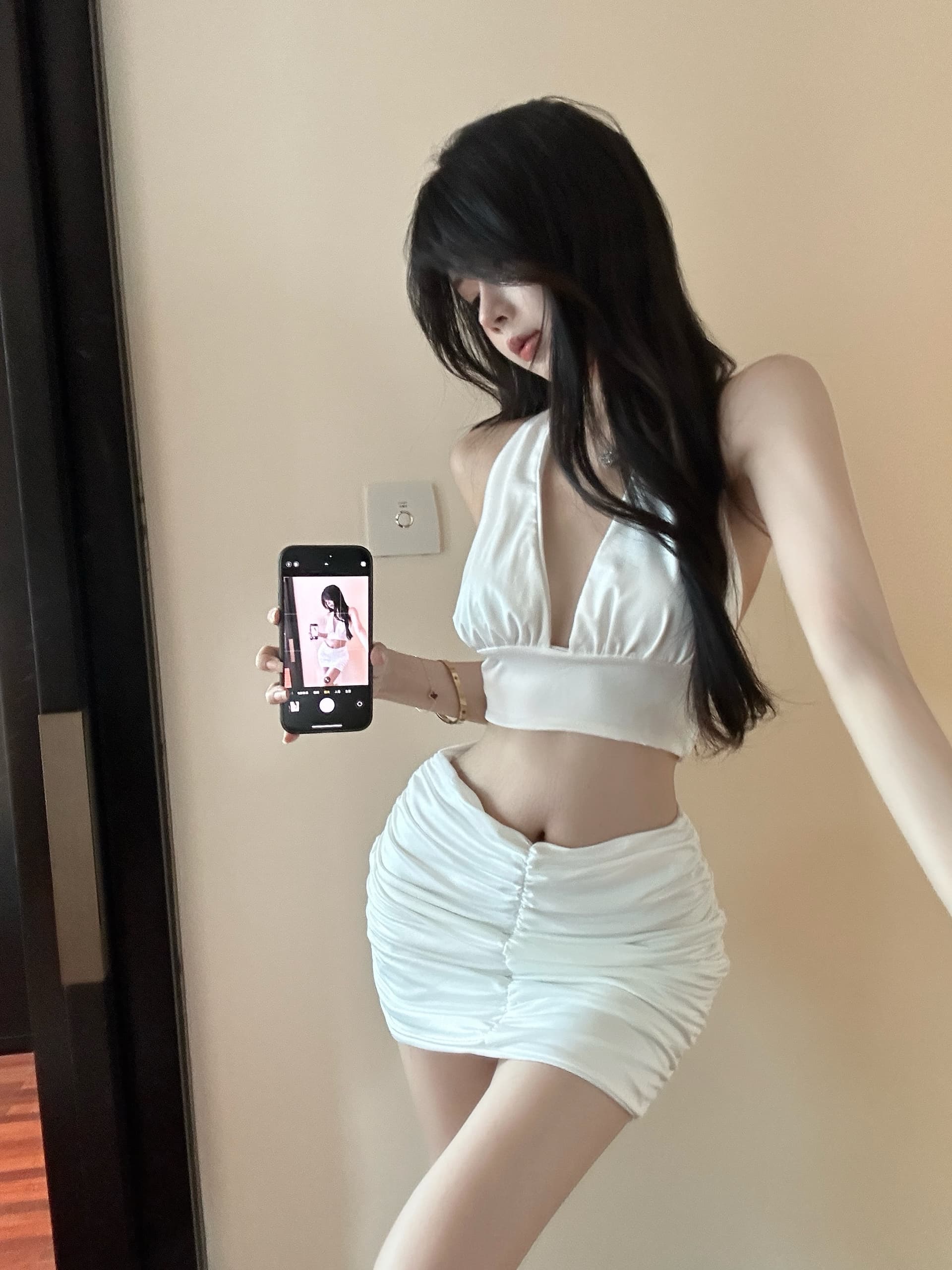 실사 정가 뼈의 행침 목 레이스업 짧은 슬립 맨위 하이웨이스트 주름 반신 스커트 투피스 세트 상세 이미지 14