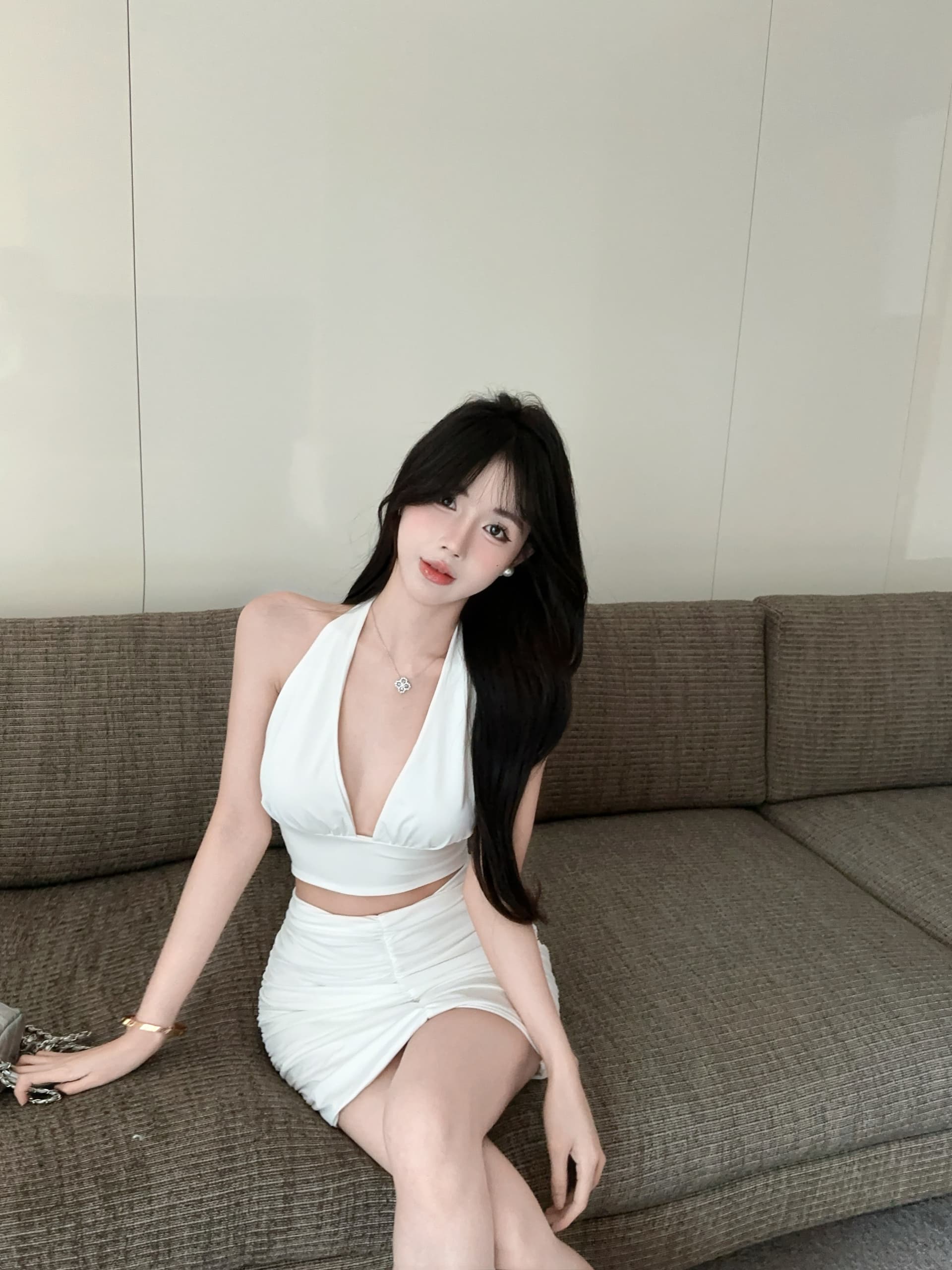 실사 정가 뼈의 행침 목 레이스업 짧은 슬립 맨위 하이웨이스트 주름 반신 스커트 투피스 세트 상세 이미지 17