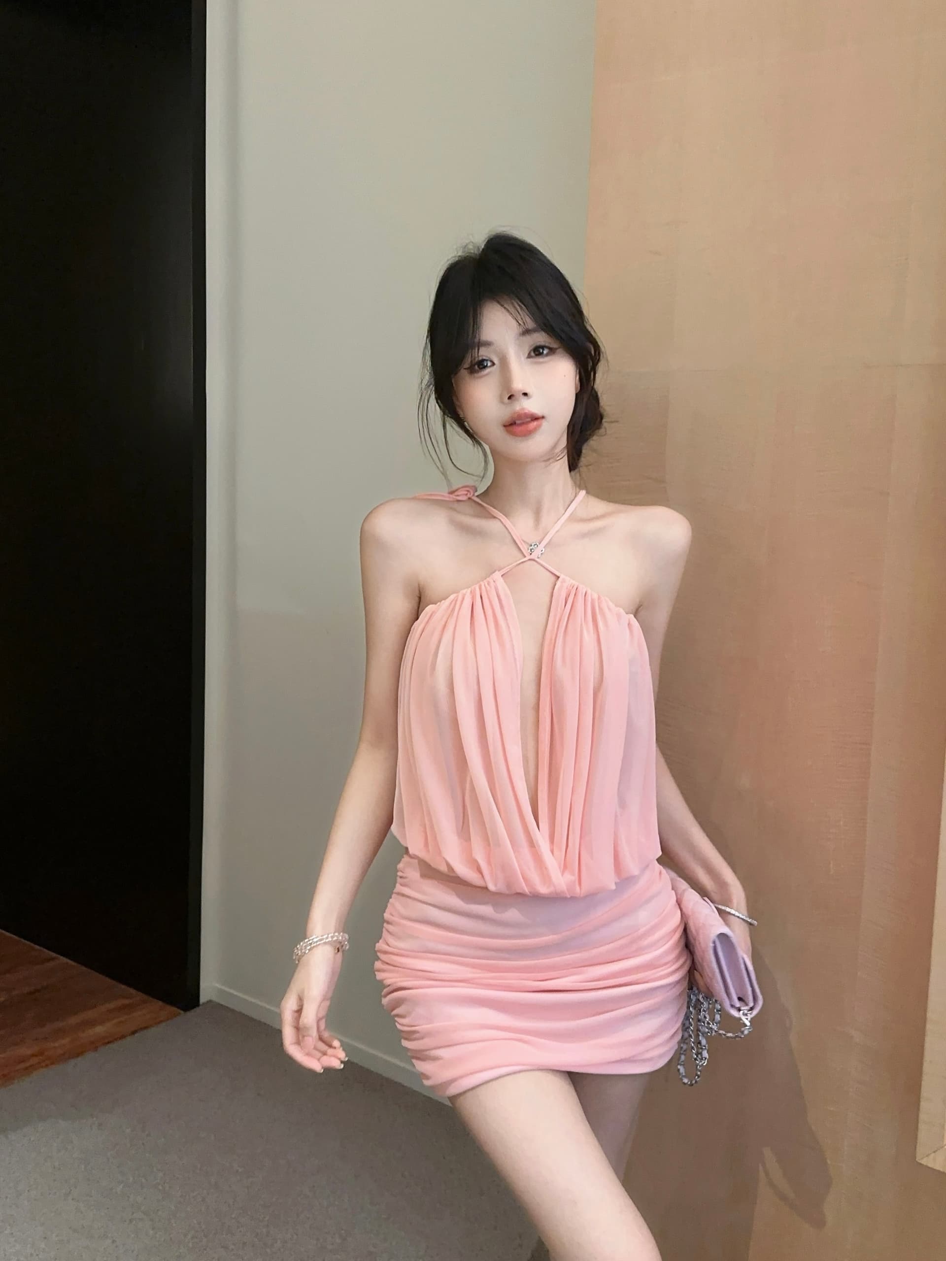 실사 정가 섹시함 행침 목 망사 패치워크 몸매 가꾸기 주름 타이트 스커트 드레스 상세 이미지 1