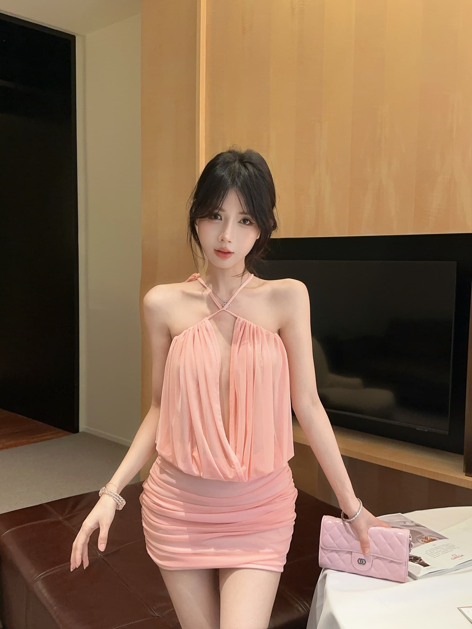 실사 정가 섹시함 행침 목 망사 패치워크 몸매 가꾸기 주름 타이트 스커트 드레스 상세 이미지 5