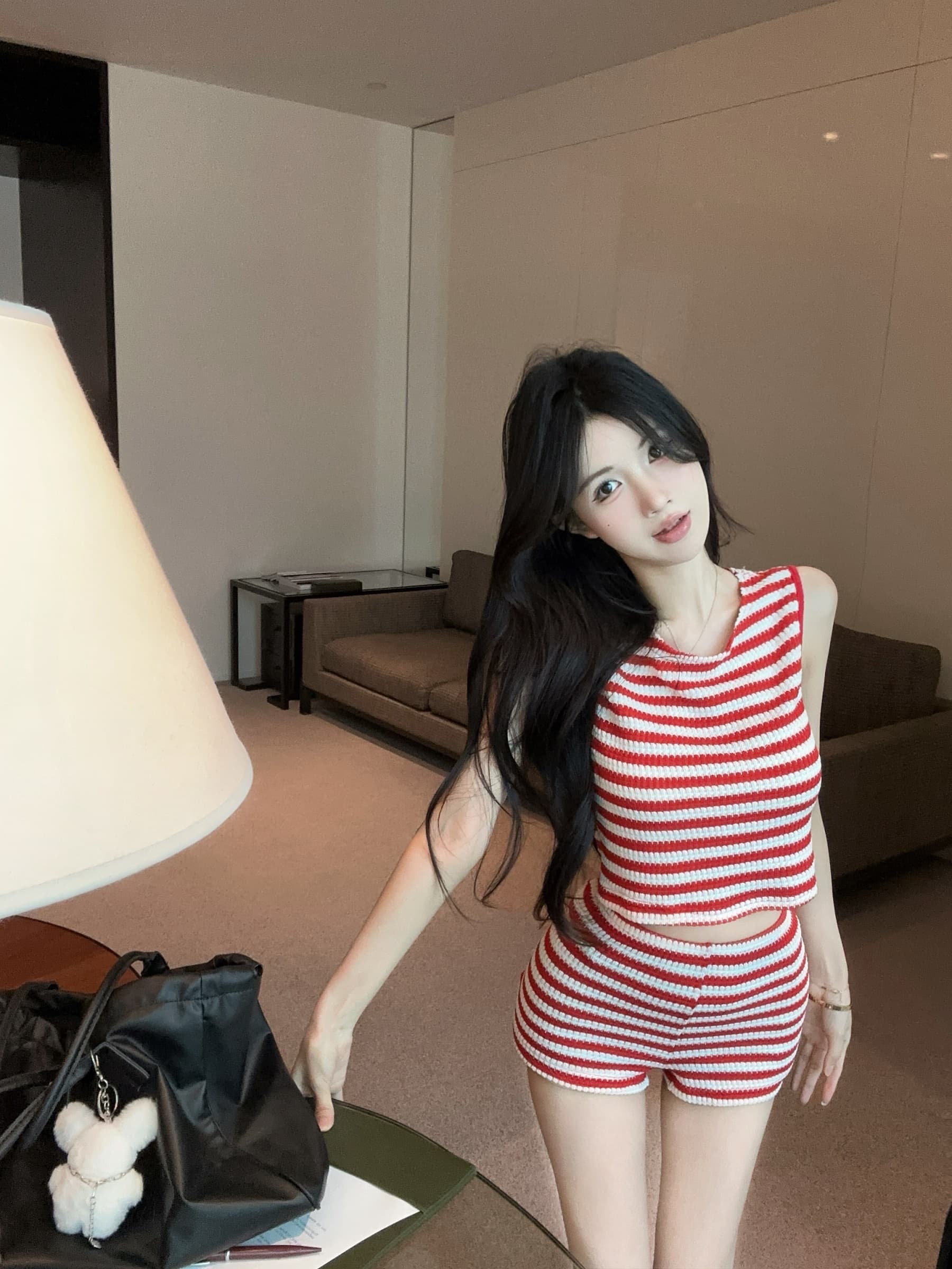 실사 정가 캐주얼 패션 스트라이프 배색 조끼 맨위 뜨거운 반바지 투피스 세트 상세 이미지 2