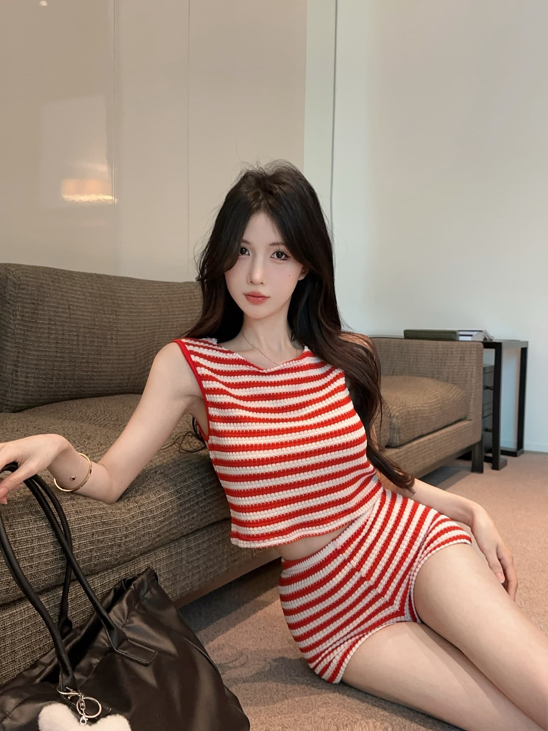 실사 정가 캐주얼 패션 스트라이프 배색 조끼 맨위 뜨거운 반바지 투피스 세트 상세 이미지 3