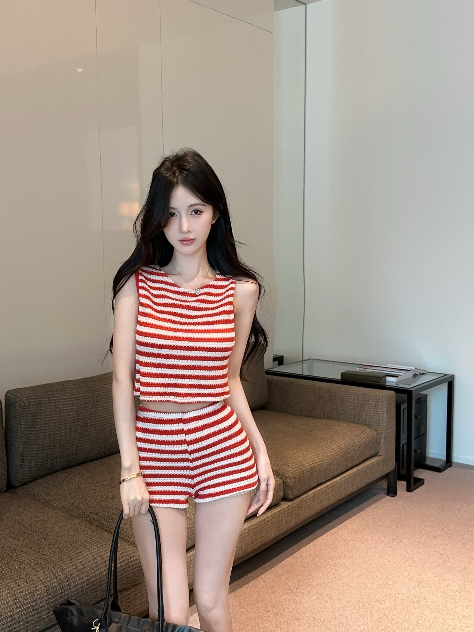 실사 정가 캐주얼 패션 스트라이프 배색 조끼 맨위 뜨거운 반바지 투피스 세트 상세 이미지 6