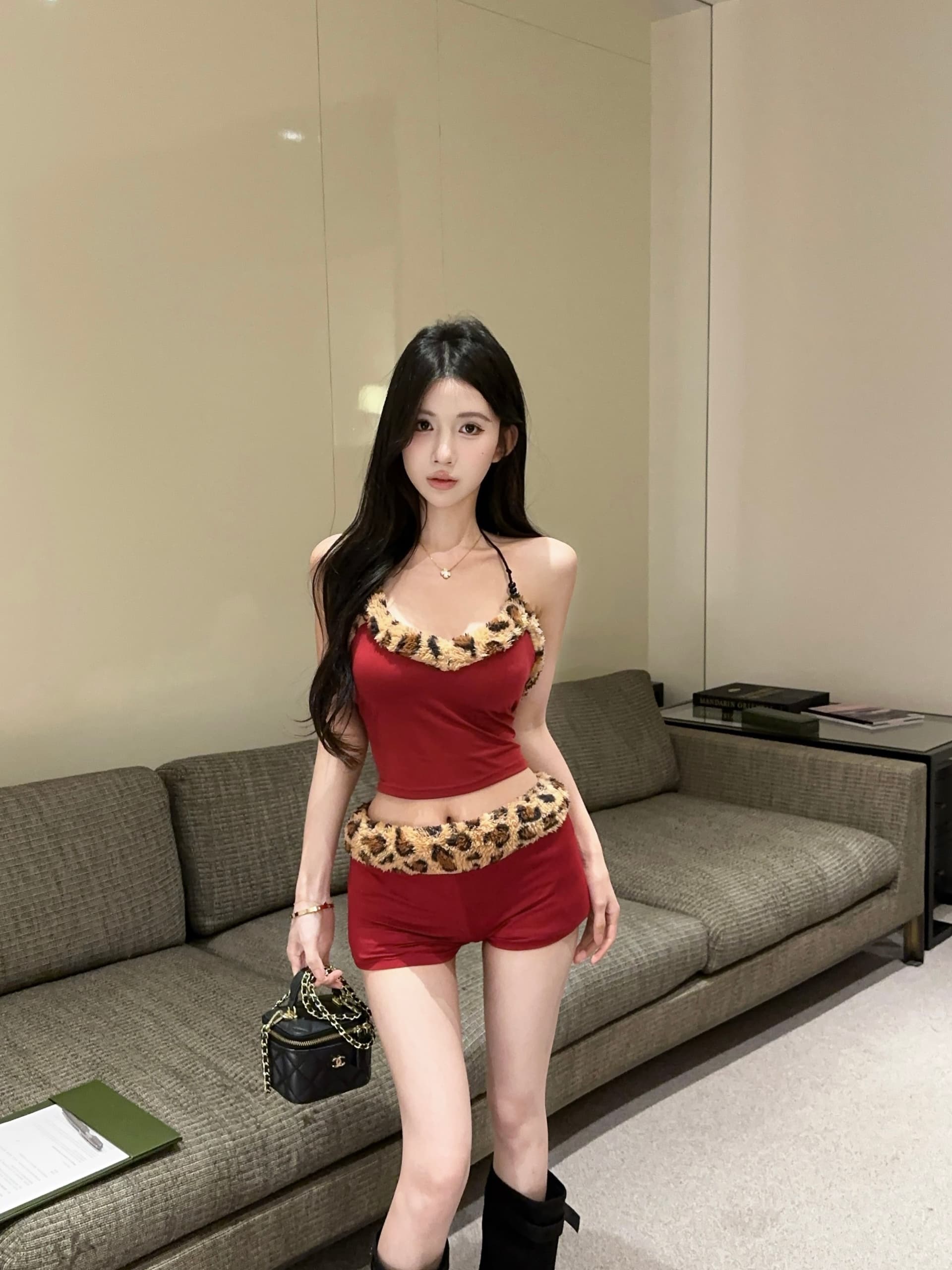 실사 정가 섹시함 레오파드 무늬 플리스 패치워크 행침 목 슬립 맨위 초단 반바지 투피스 세트 상세 이미지 11