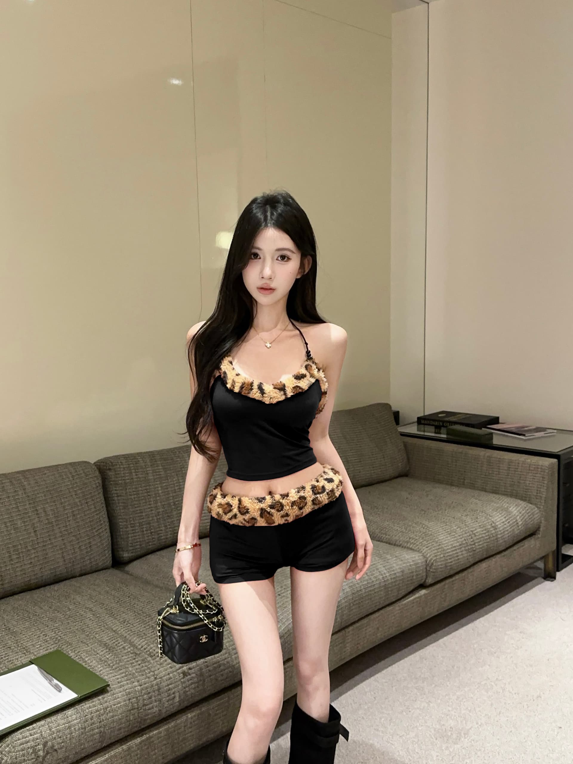 실사 정가 섹시함 레오파드 무늬 플리스 패치워크 행침 목 슬립 맨위 초단 반바지 투피스 세트 상세 이미지 16