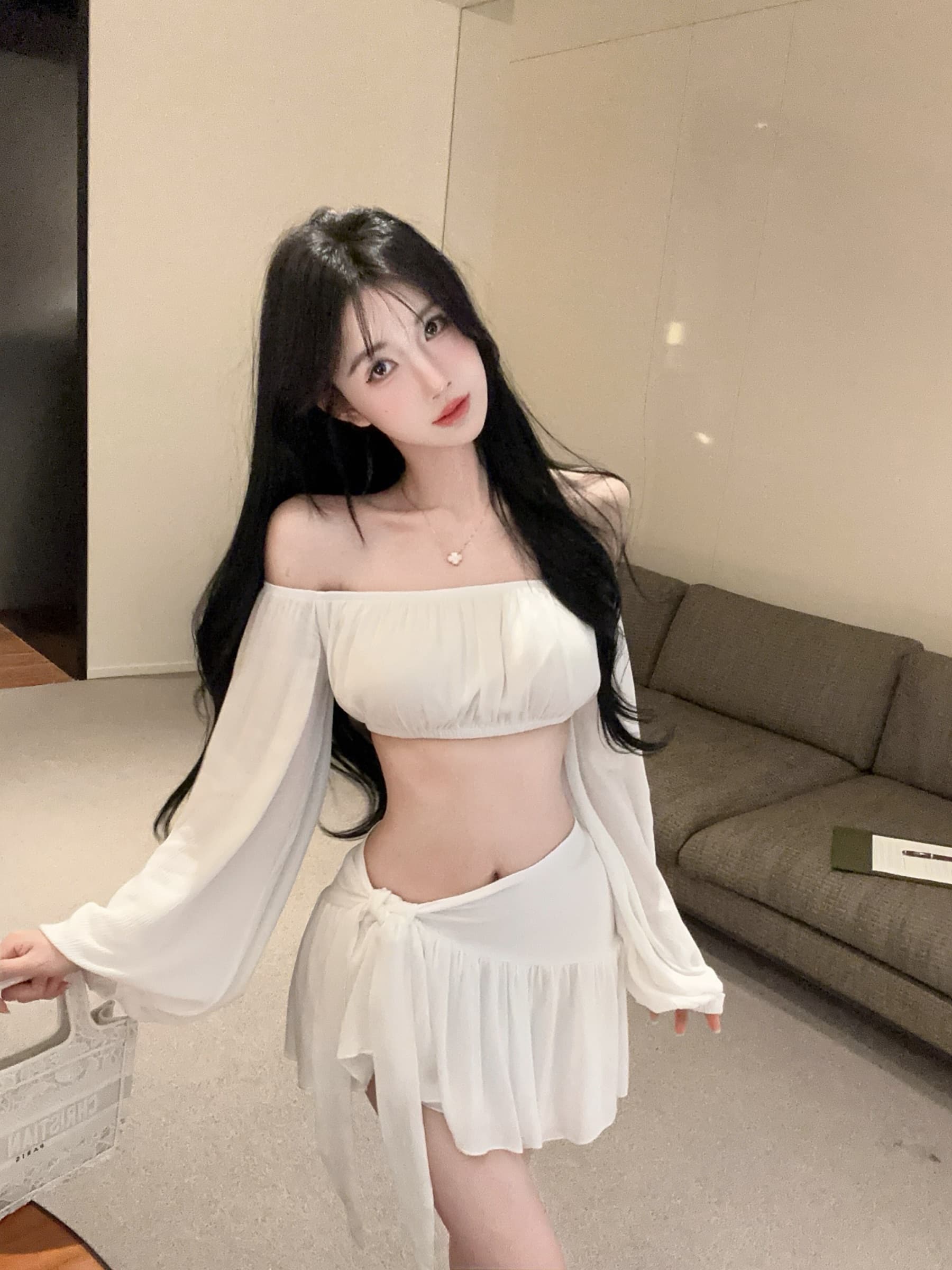 실사 정가 섹시함 핫걸 튜브탑 심지어 소매 이슬 뼈의 짧은 맨위 초단 스트랩 미니 스커트 투피스 세트 상세 이미지 6