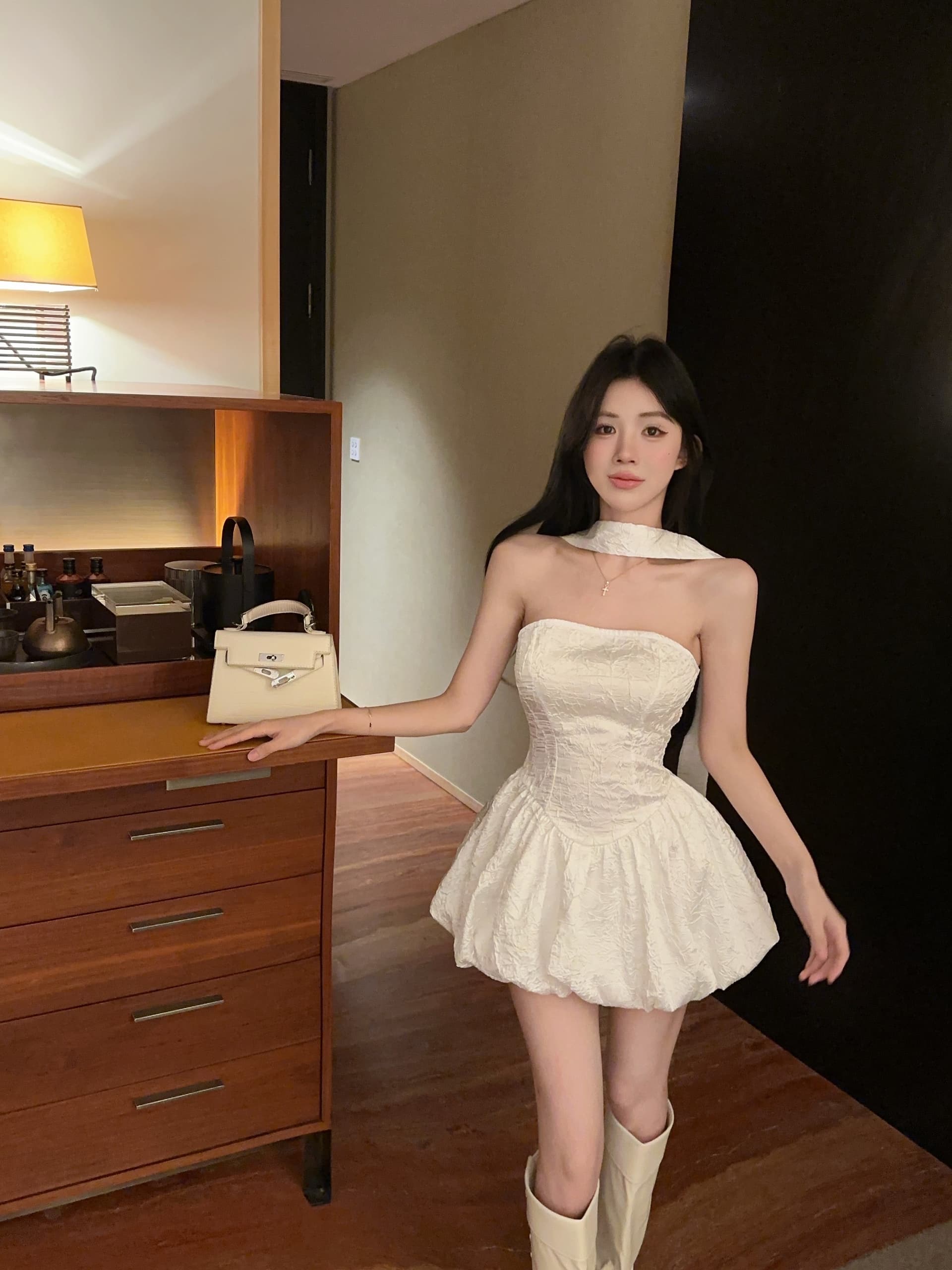 실사 정가 보트넥 튜브탑 리본 몸매 가꾸기 꽃밭 드레스 상세 이미지 2