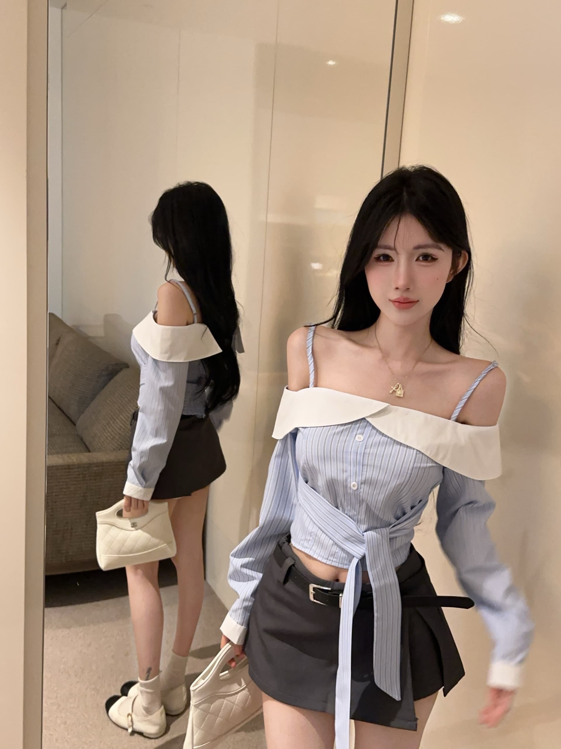 실사 정가 디자인 센스 보트넥 스트라이프 긴팔 셔츠 트임 노출 방지 반신 미니 스커트 투피스 세트 상세 이미지 6
