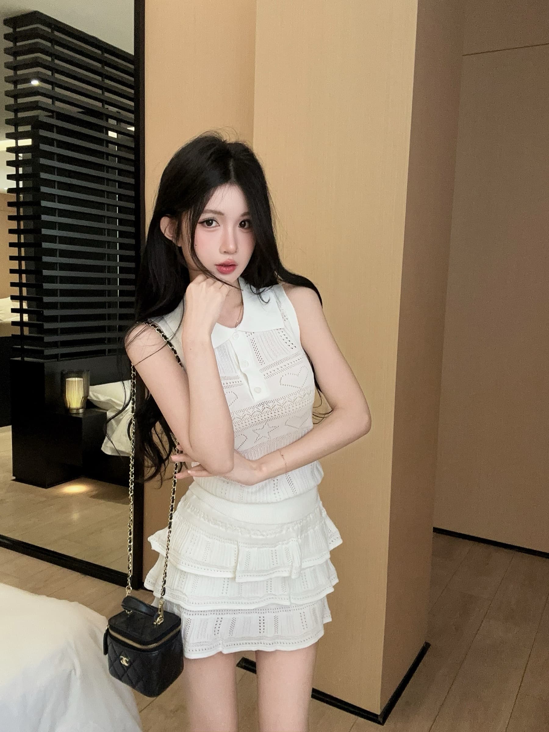 실사 정가 패션 연령 감소 POLO 칼라 반팔 니트 스웨터 하이웨이스트 미니 스커트 투피스 세트 이미지 2