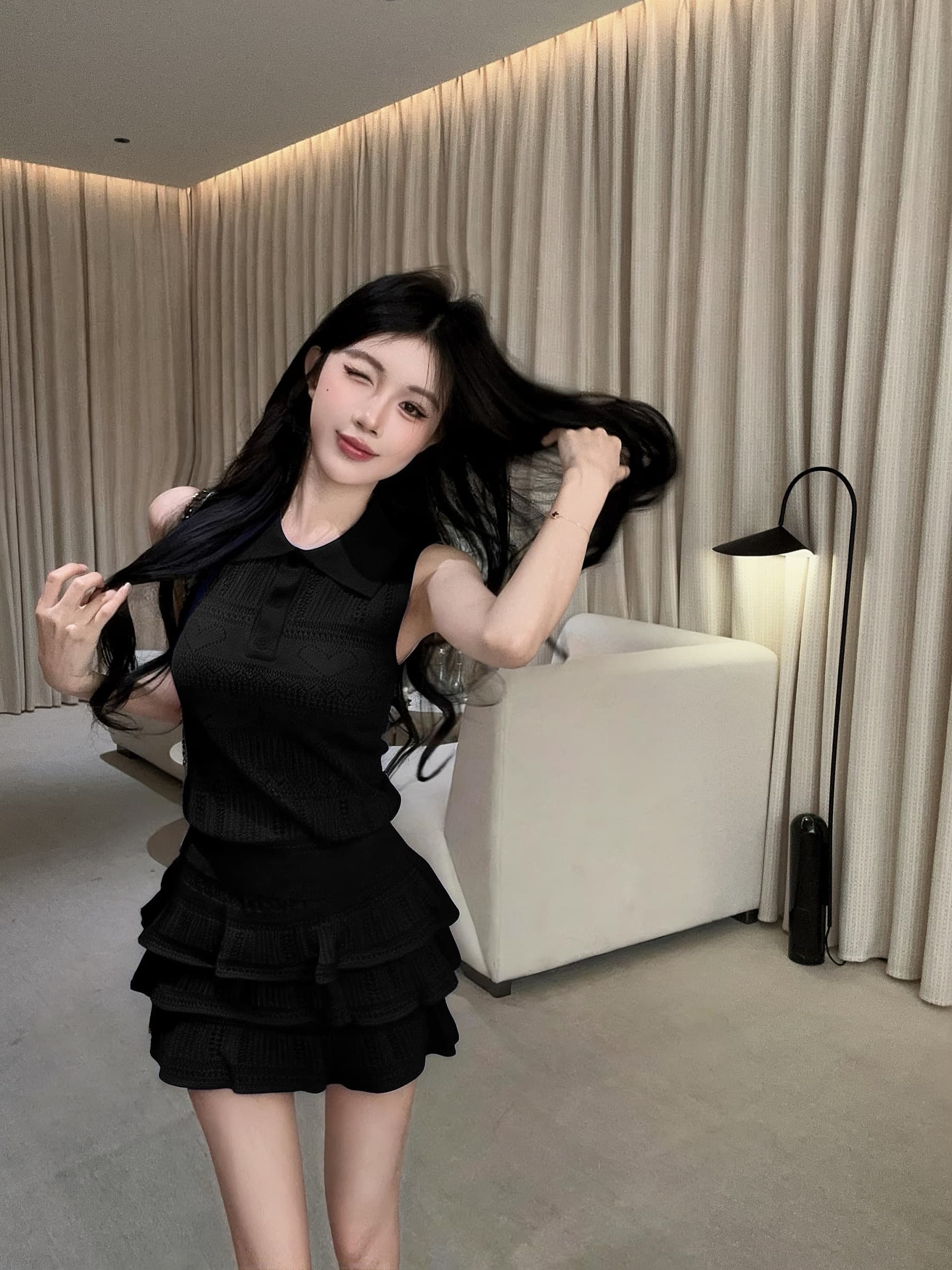 실사 정가 패션 연령 감소 POLO 칼라 반팔 니트 스웨터 하이웨이스트 미니 스커트 투피스 세트 상세 이미지 10