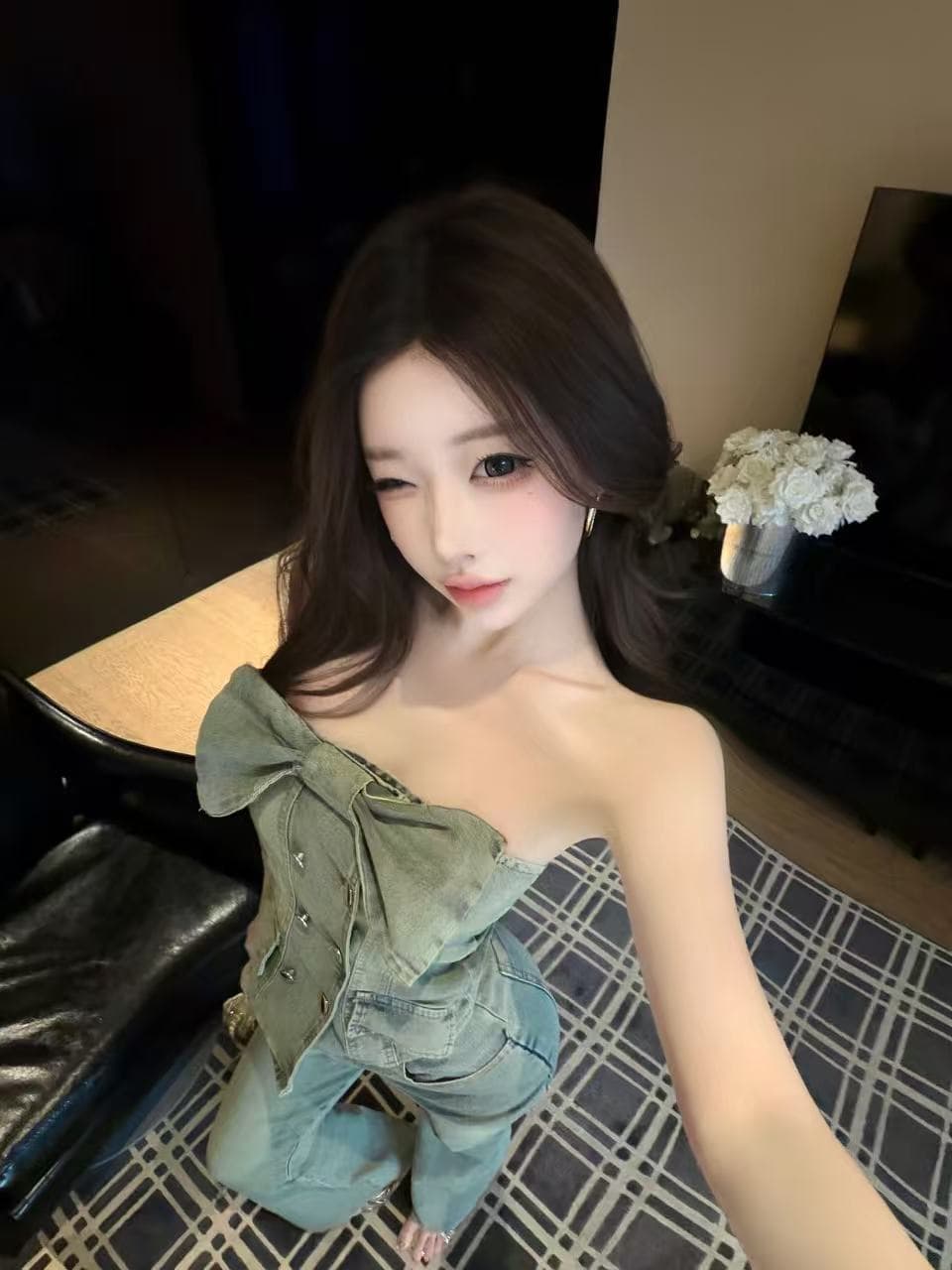 실사 정가 레트로 마 오래된 나비 매듭 데님 튜브탑 맨위 슬림해 보이는 나팔 바지 투피스 세트 이미지 4