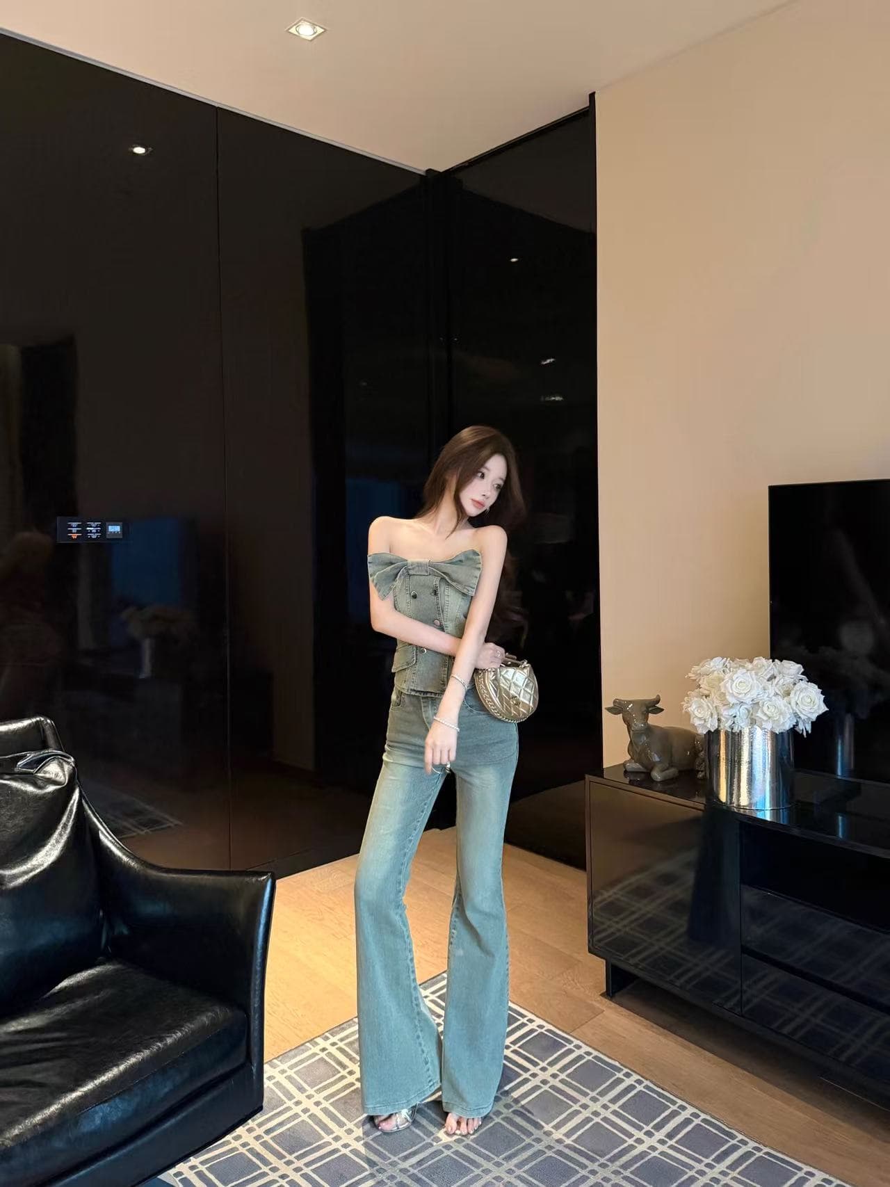 실사 정가 레트로 마 오래된 나비 매듭 데님 튜브탑 맨위 슬림해 보이는 나팔 바지 투피스 세트 상세 이미지 9