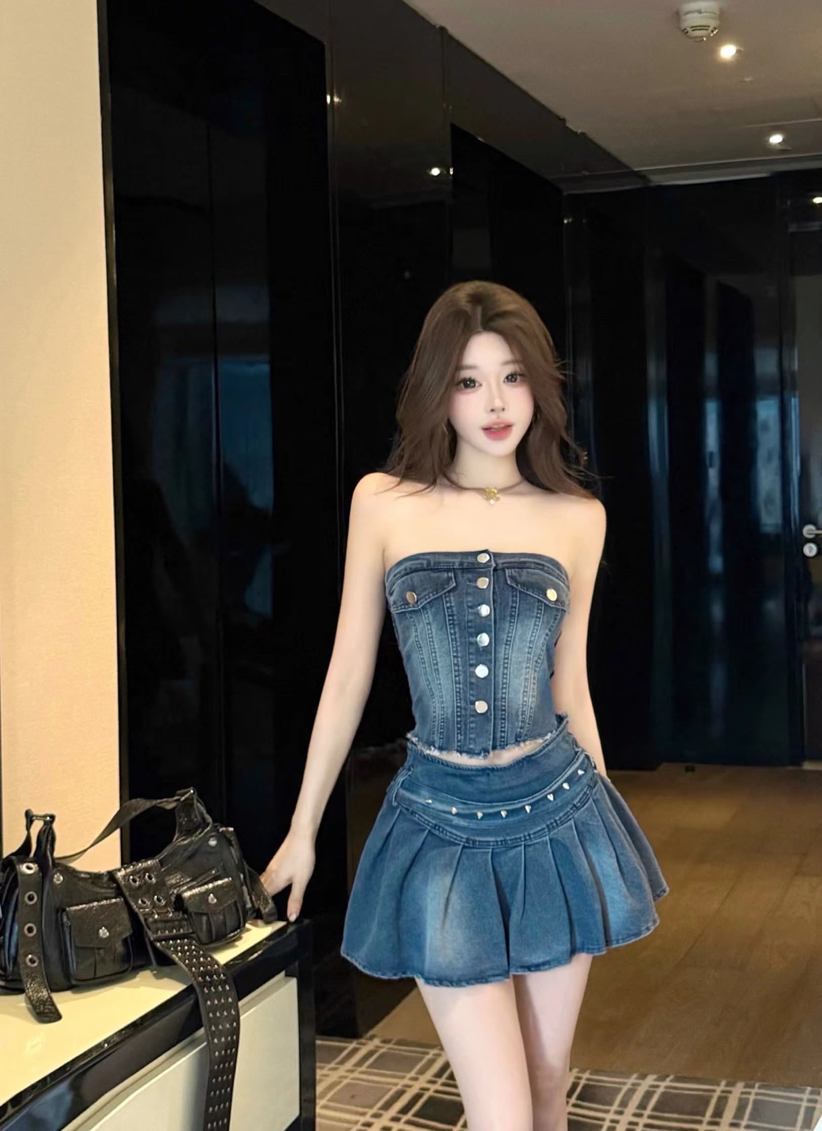 실사 정가 열린 봄 패션 데님 다용도 연령 감소 민소매 튜브탑 반신 세트 이미지 3