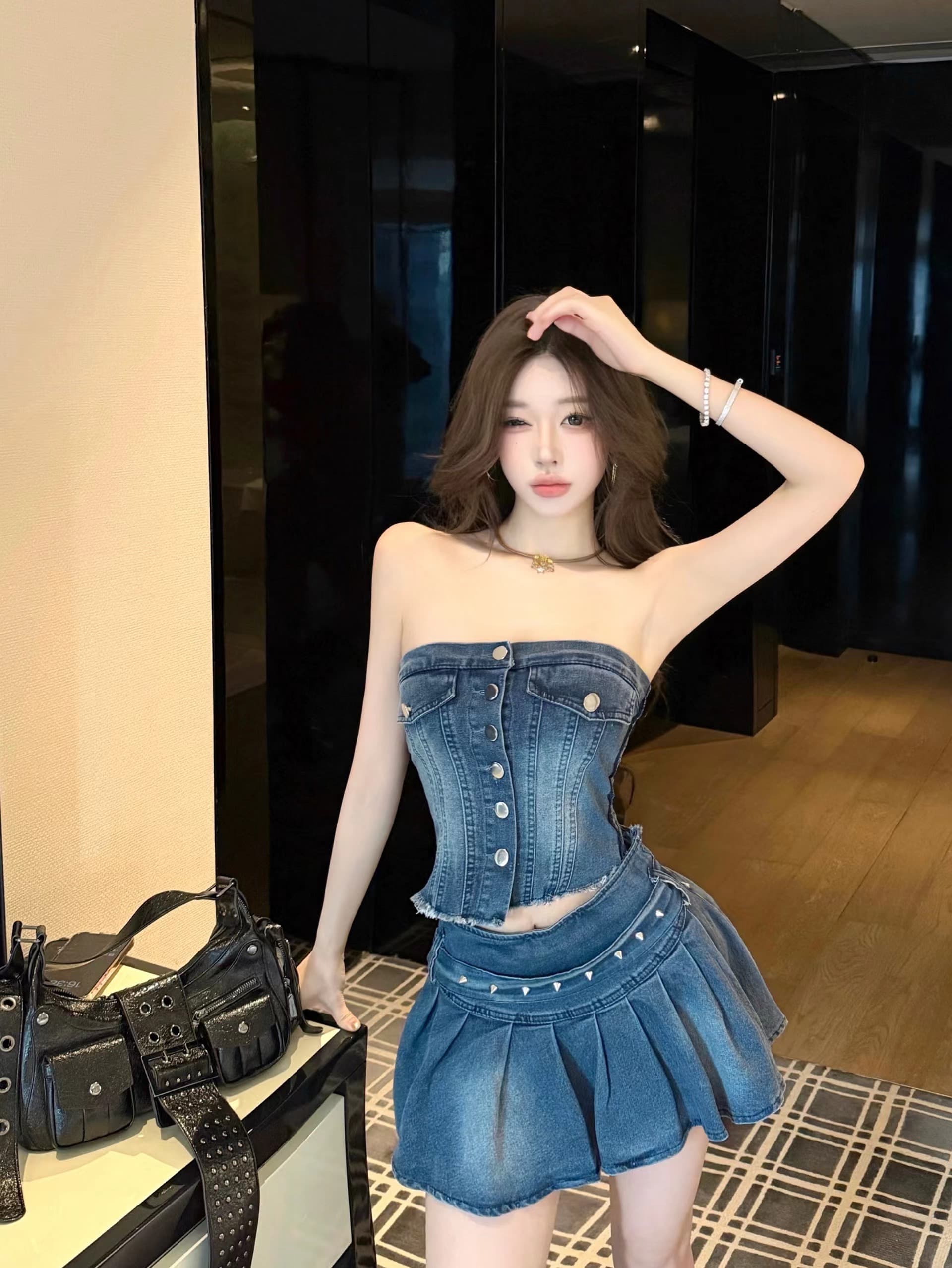 실사 정가 열린 봄 패션 데님 다용도 연령 감소 민소매 튜브탑 반신 세트 이미지 4