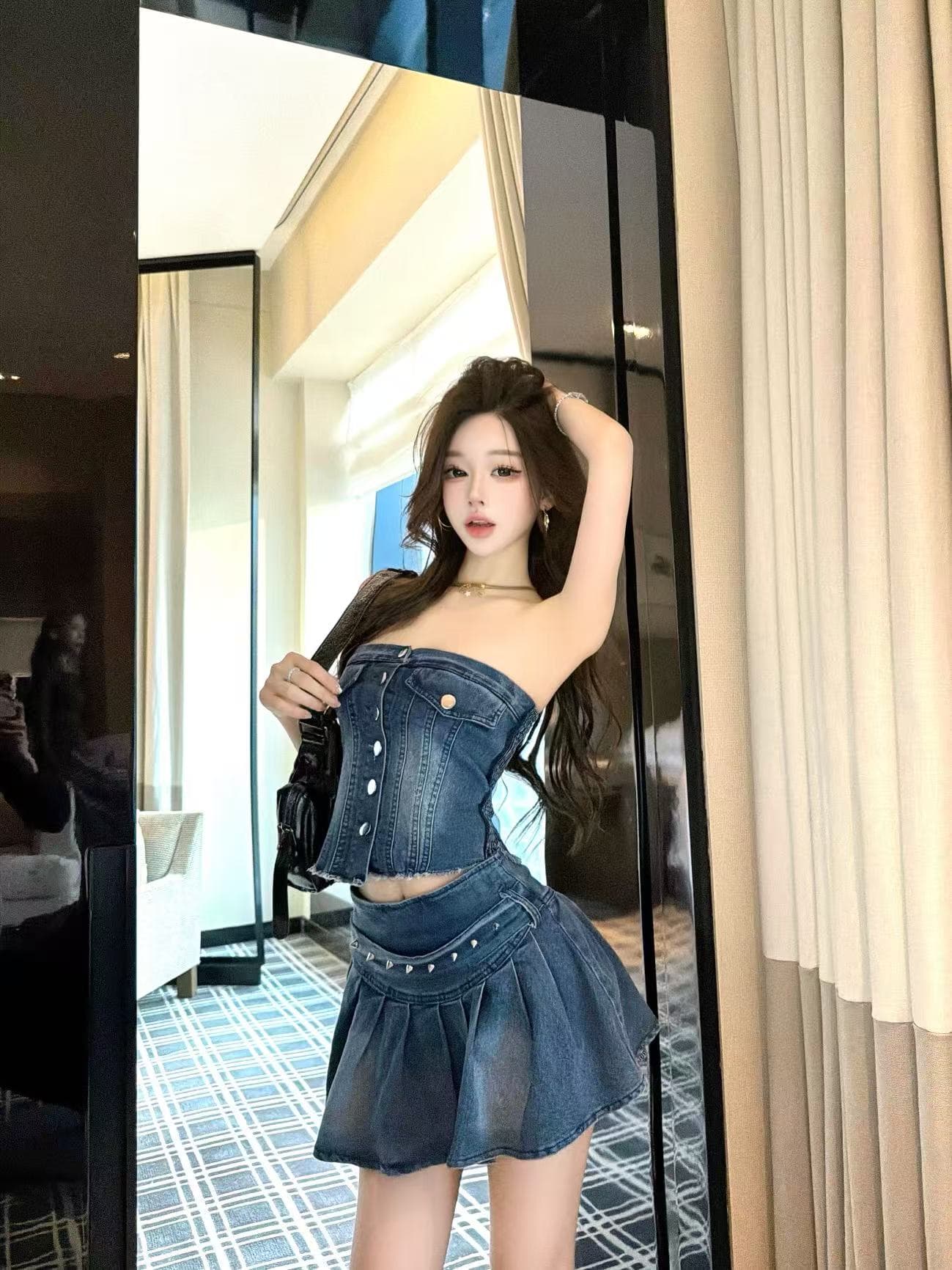 실사 정가 열린 봄 패션 데님 다용도 연령 감소 민소매 튜브탑 반신 세트 상세 이미지 4