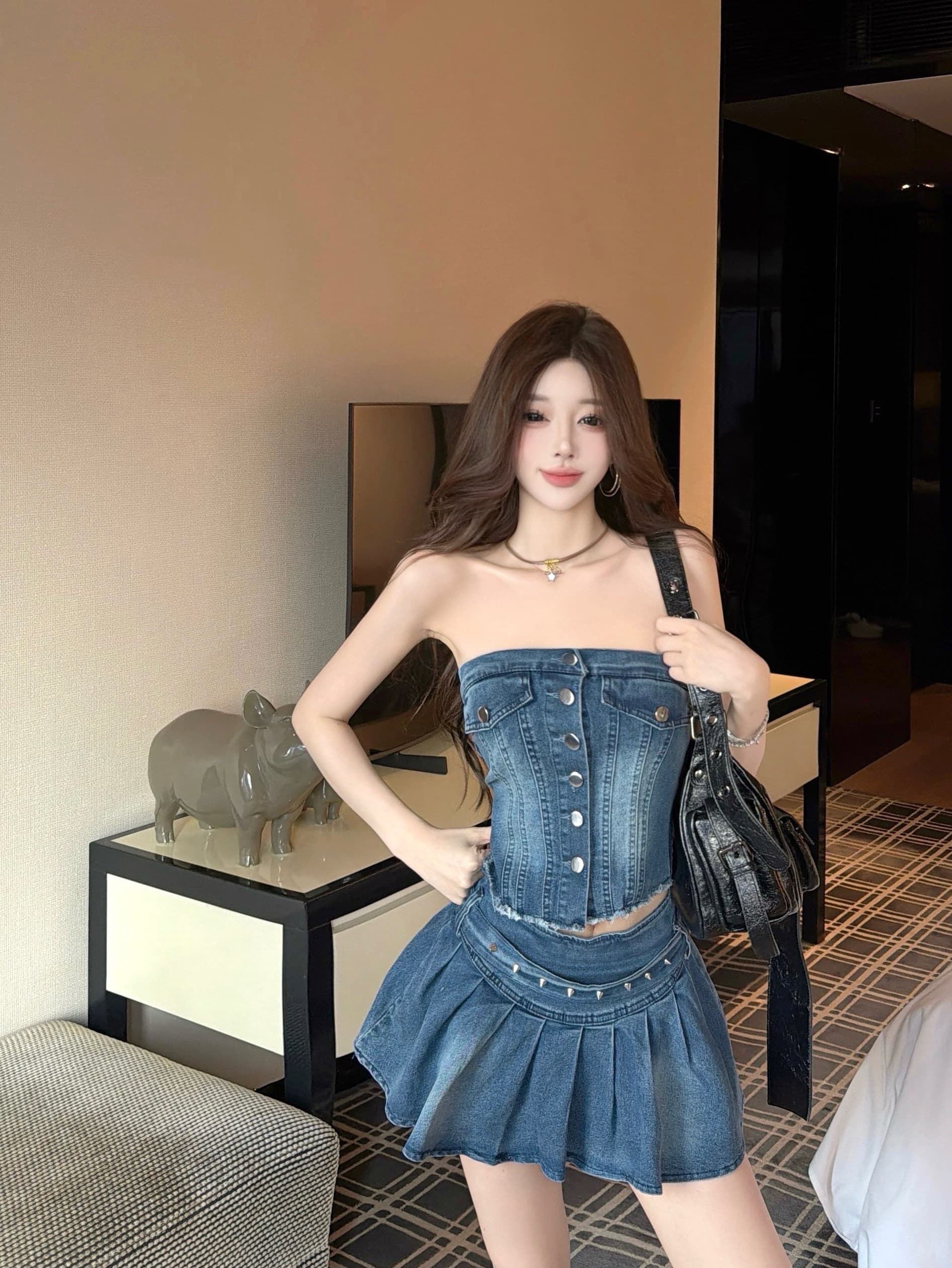 실사 정가 열린 봄 패션 데님 다용도 연령 감소 민소매 튜브탑 반신 세트 상세 이미지 11