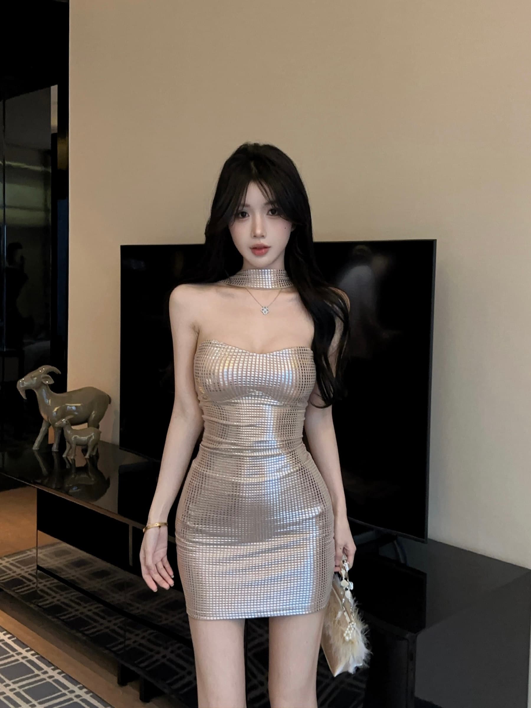 실사 정가 핫걸 무거운 작업 핫픽스 행침 목 튜브탑 타이트 스커트 섹시함 드레스 상세 이미지 9