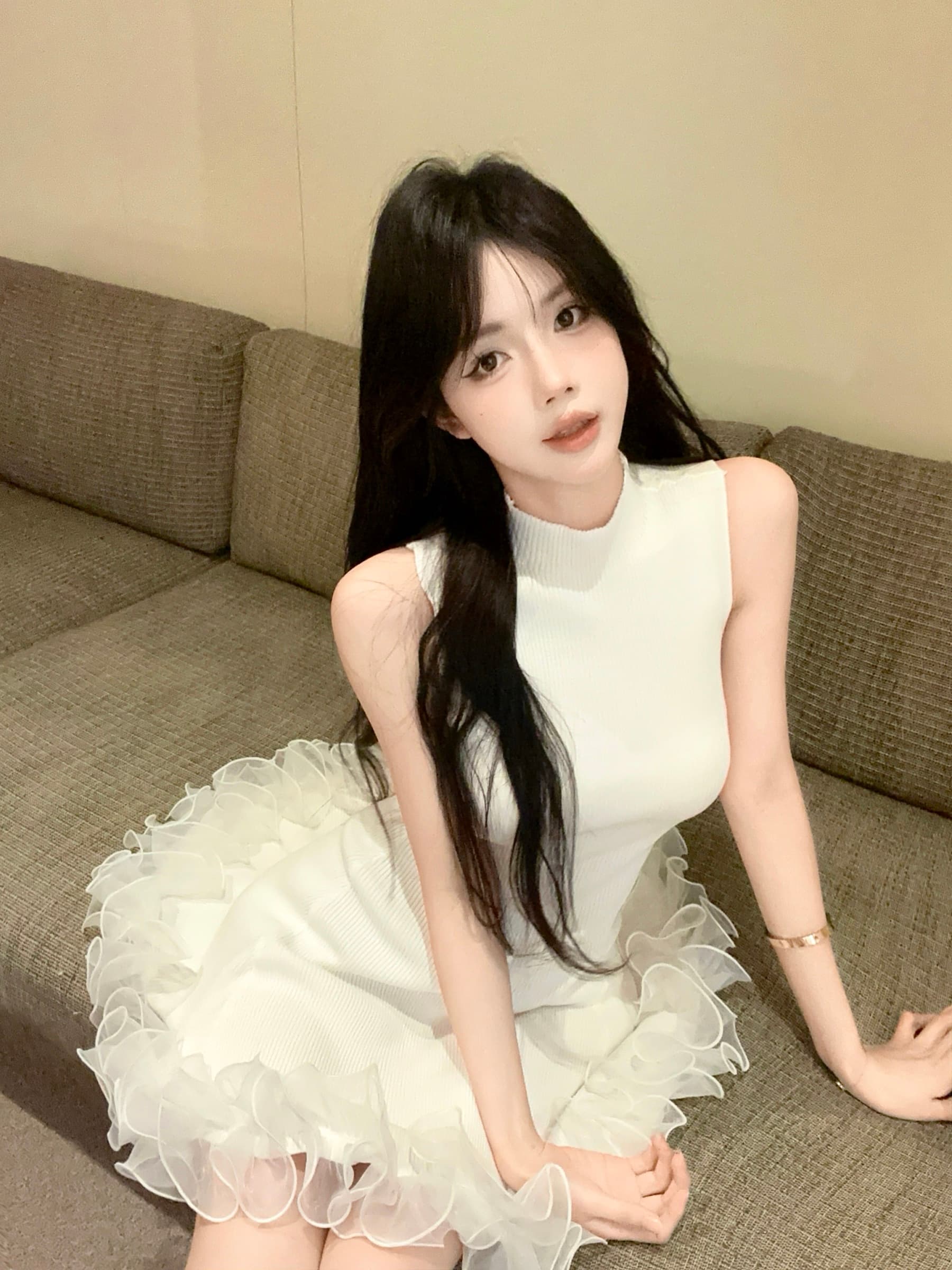 실사 정가 스탠드 칼라 민소매 니트 원피스 순수한 욕망 허리 수축 한 마디 조끼 짧은 드레스 이미지 2