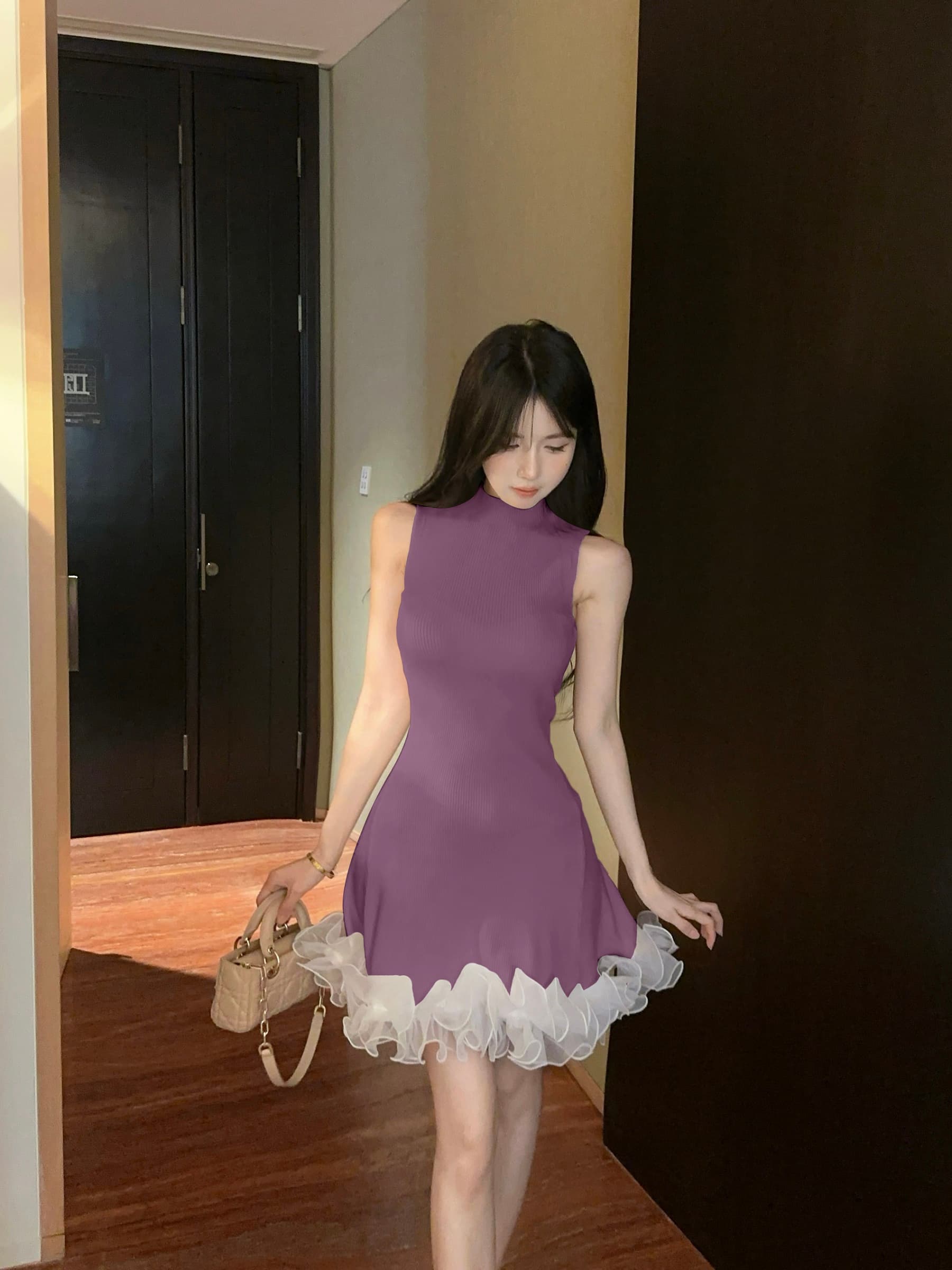 실사 정가 스탠드 칼라 민소매 니트 원피스 순수한 욕망 허리 수축 한 마디 조끼 짧은 드레스 이미지 4
