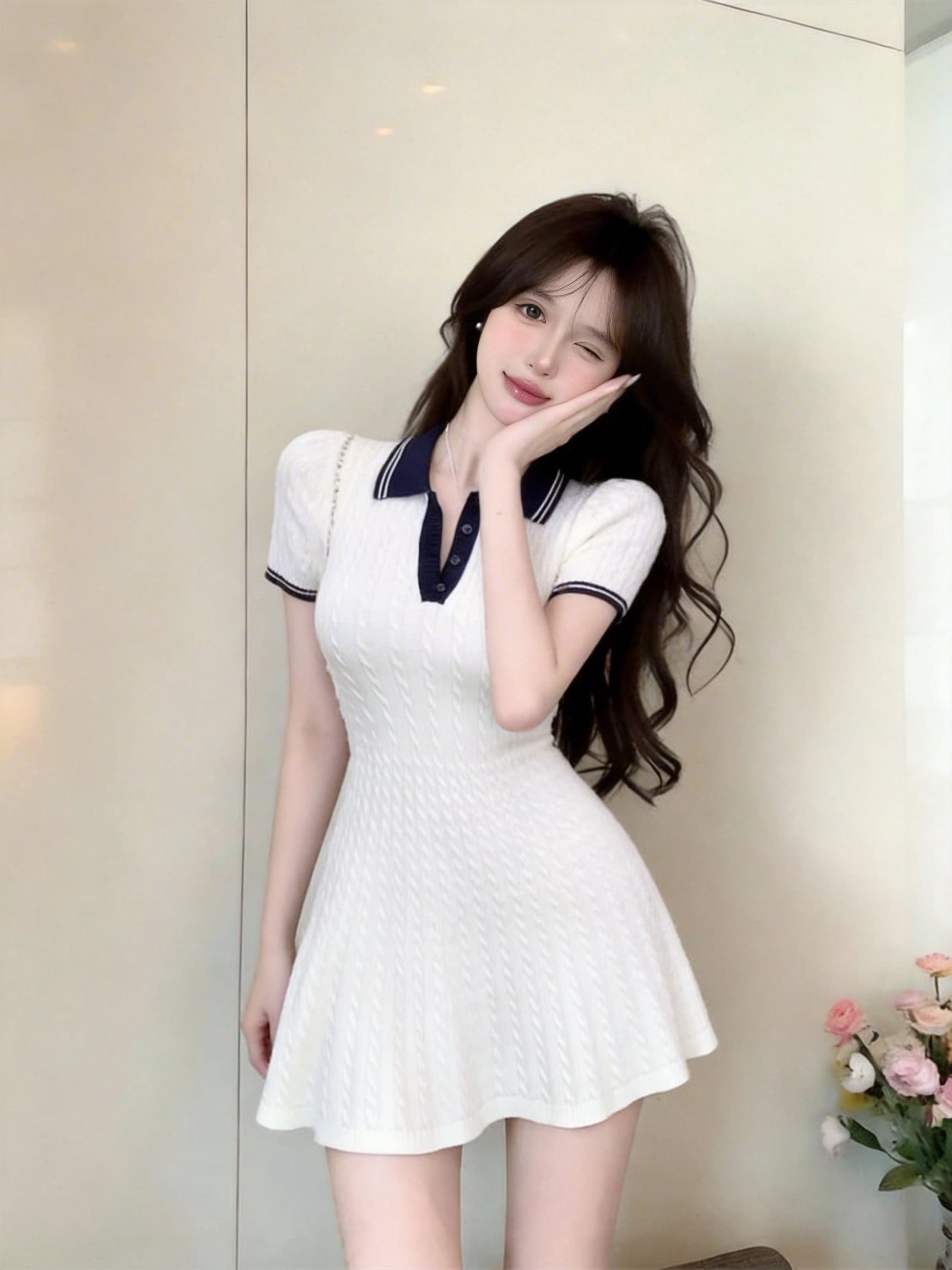 실사 정가 POLO 칼라 달콤함 품격 연령 감소 허리 수축 니트 드레스 상세 이미지 8